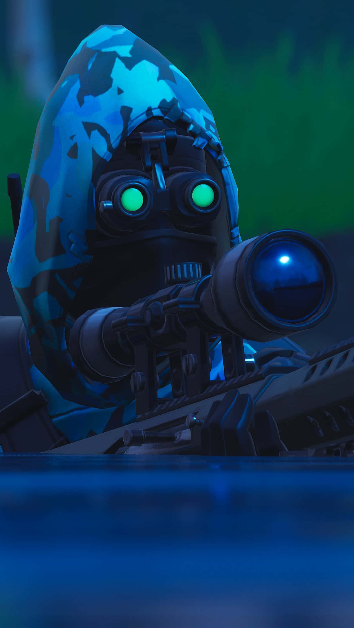 camouflaged robot sniper, glowing green eyes, blue camo hood, Full HD Phone Wallpaper