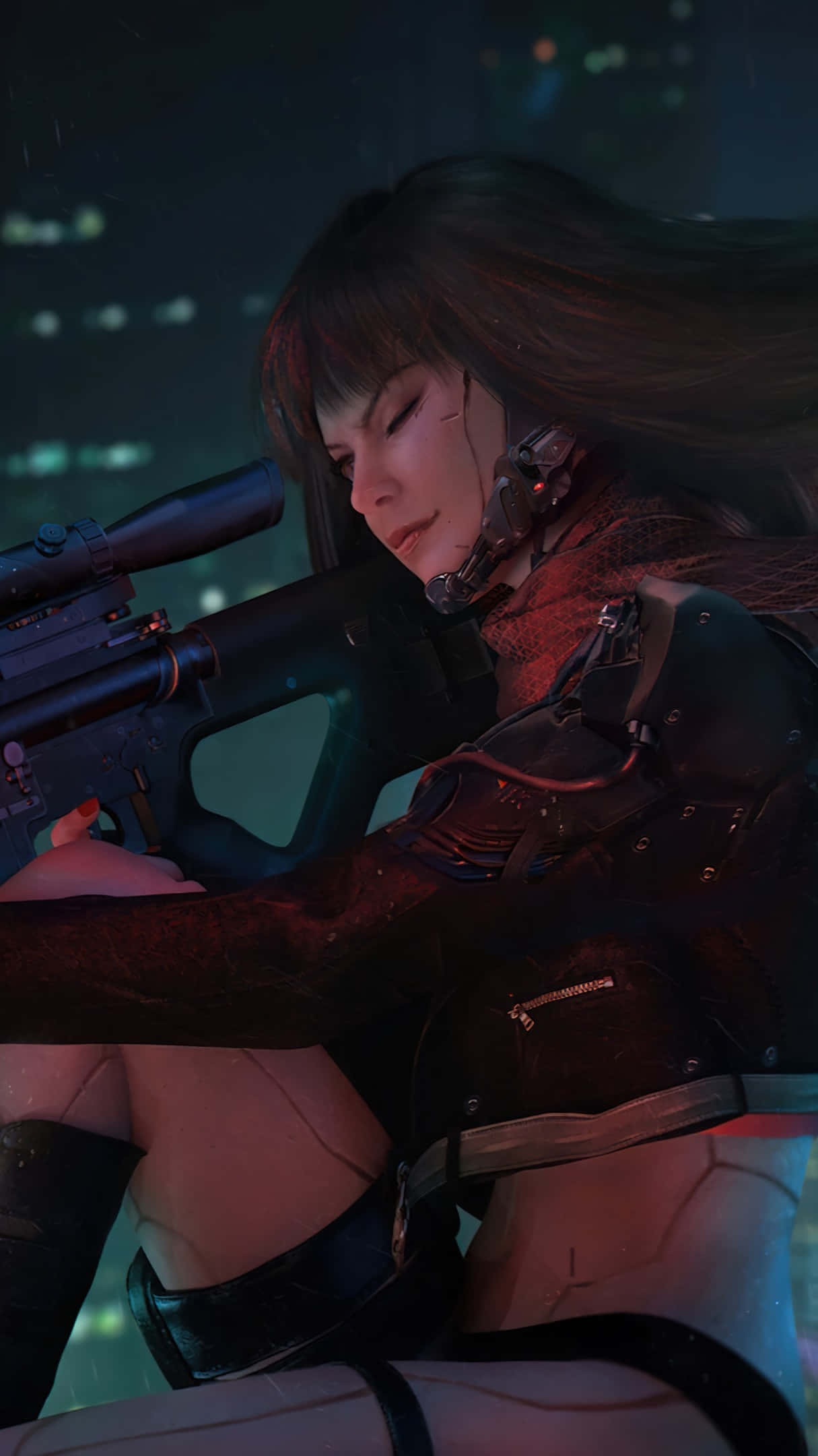 cyberpunk woman, dark hair, sniper rifle, Full HD Phone Wallpaper