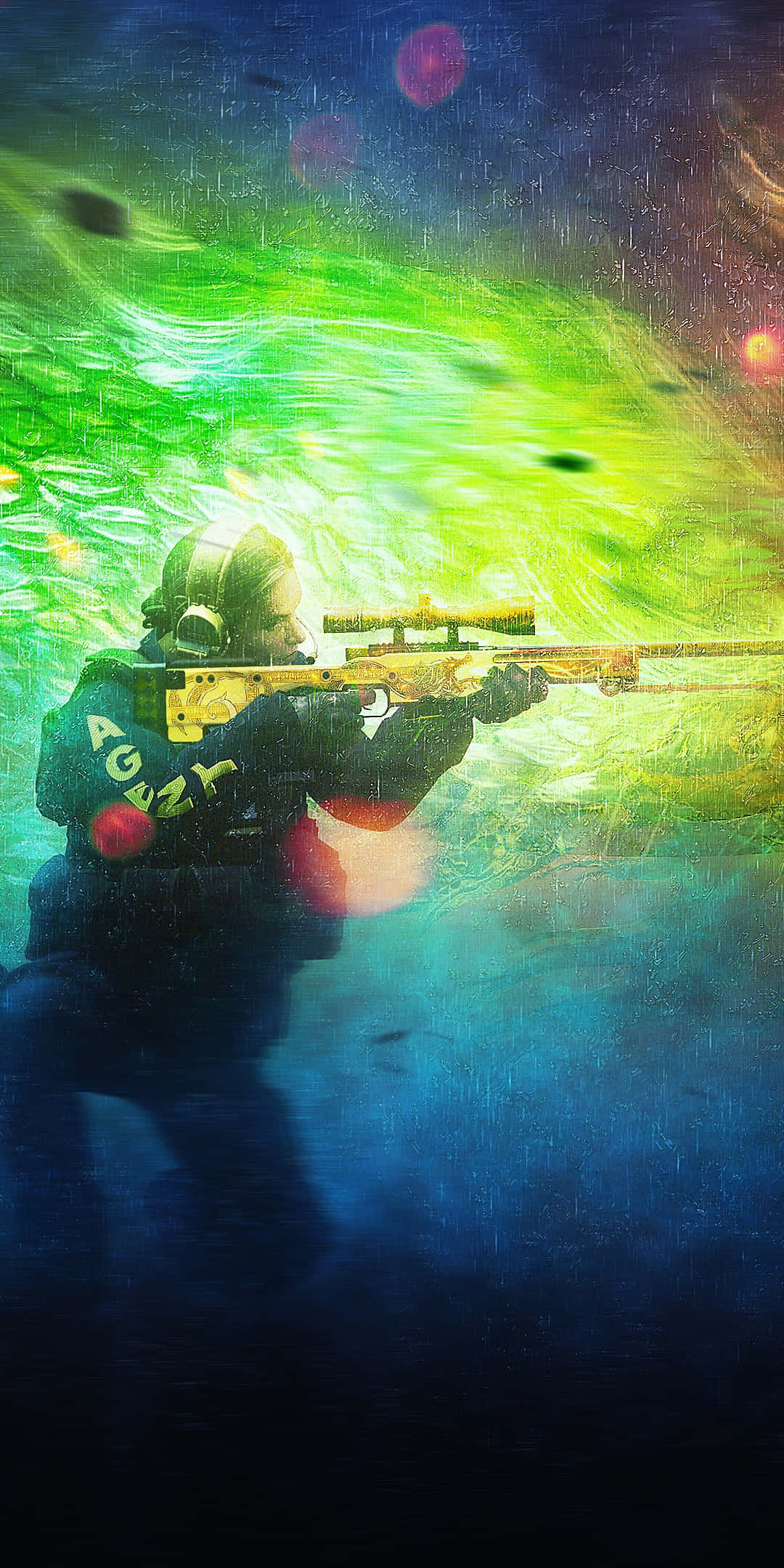 golden rifle, vibrant green and blue cosmic storm, glowing particles, Full HD Phone Wallpaper