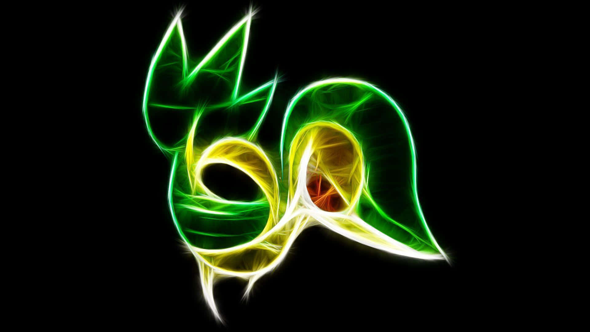Glowing Snivy, neon green, yellow fractal swirls, Full HD Desktop Wallpaper