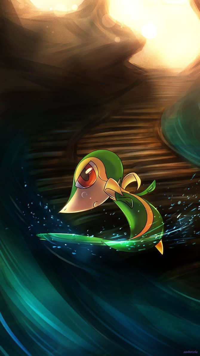 Snivy, teal water, warm glowing sky, SD Phone Wallpaper