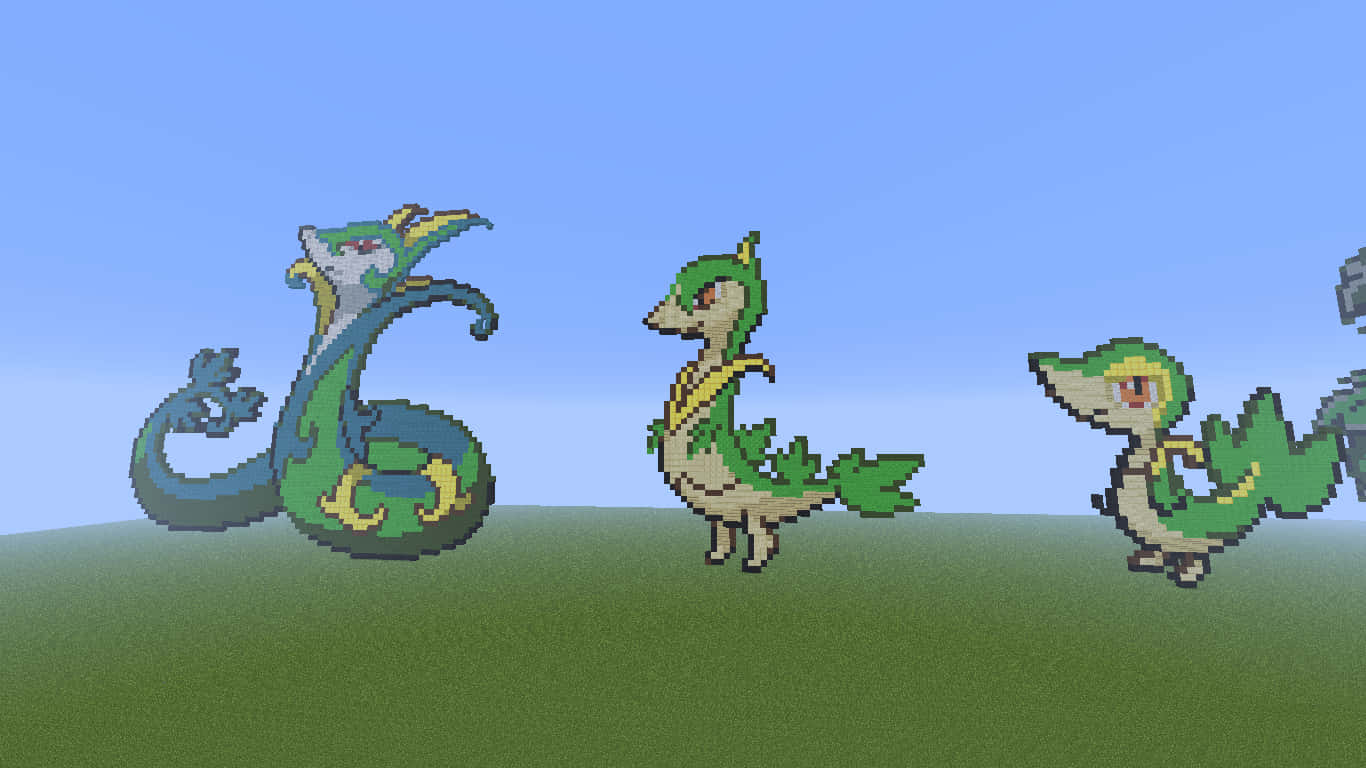 Snivy, pixelated dragon, grass, HD Desktop Wallpaper