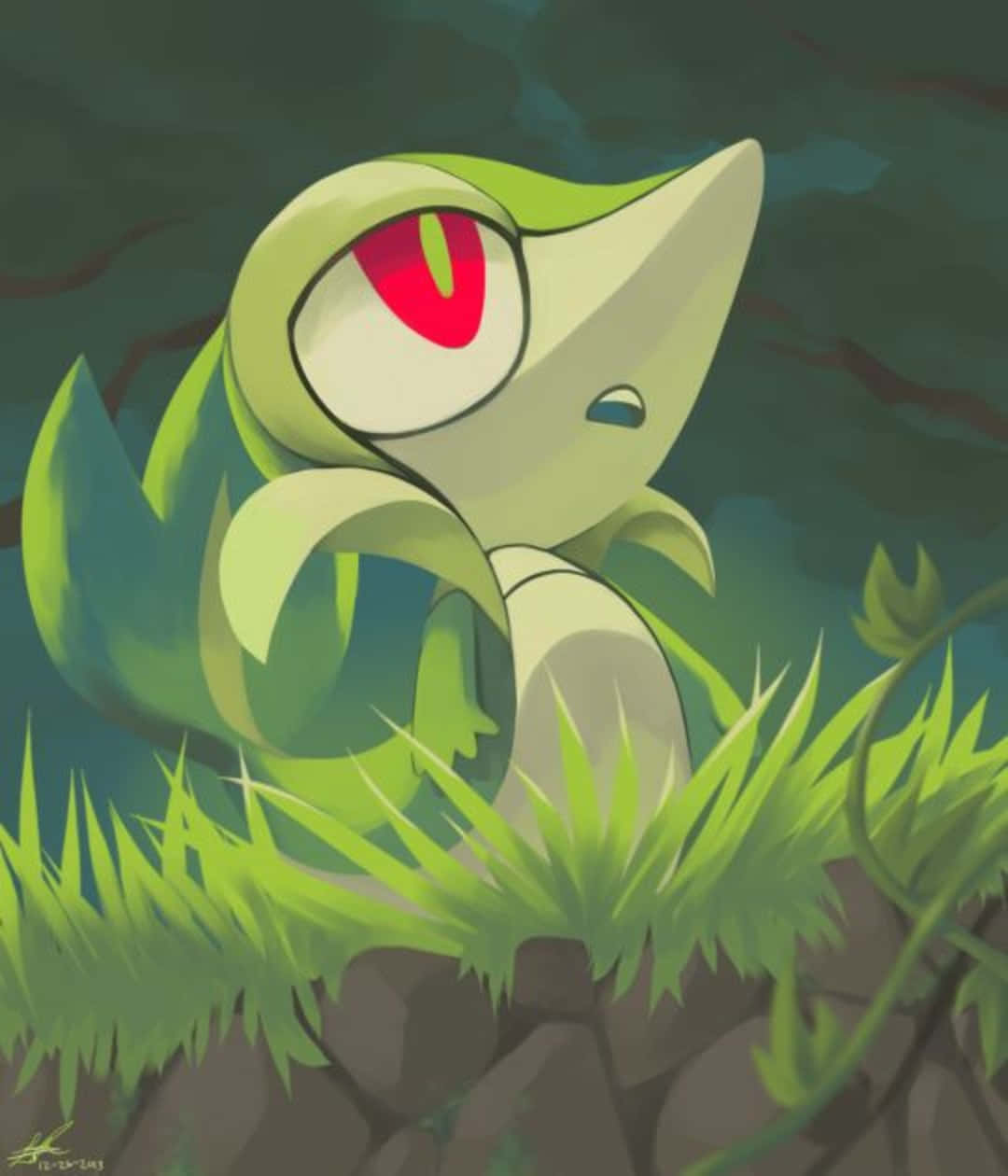 Snivy, red eyes, anime frog-like creature, SD Phone Wallpaper