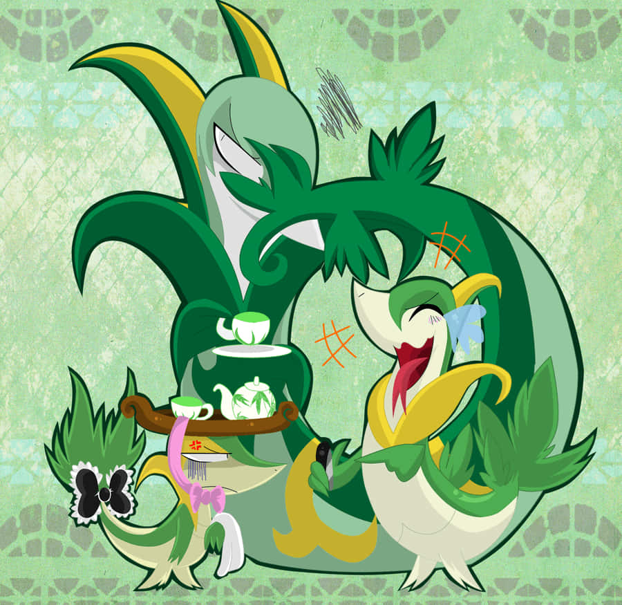 Snivy, waitress, cartoonish green dragon-like creatures, SD Desktop Wallpaper