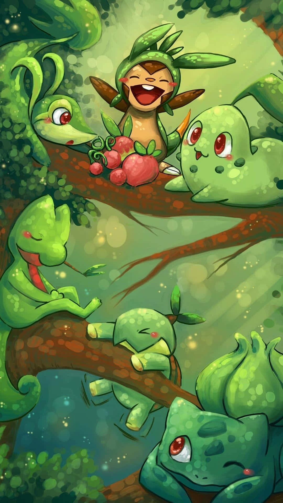 Snivy, grass type Pokémon, tree branches, Full HD Phone Wallpaper