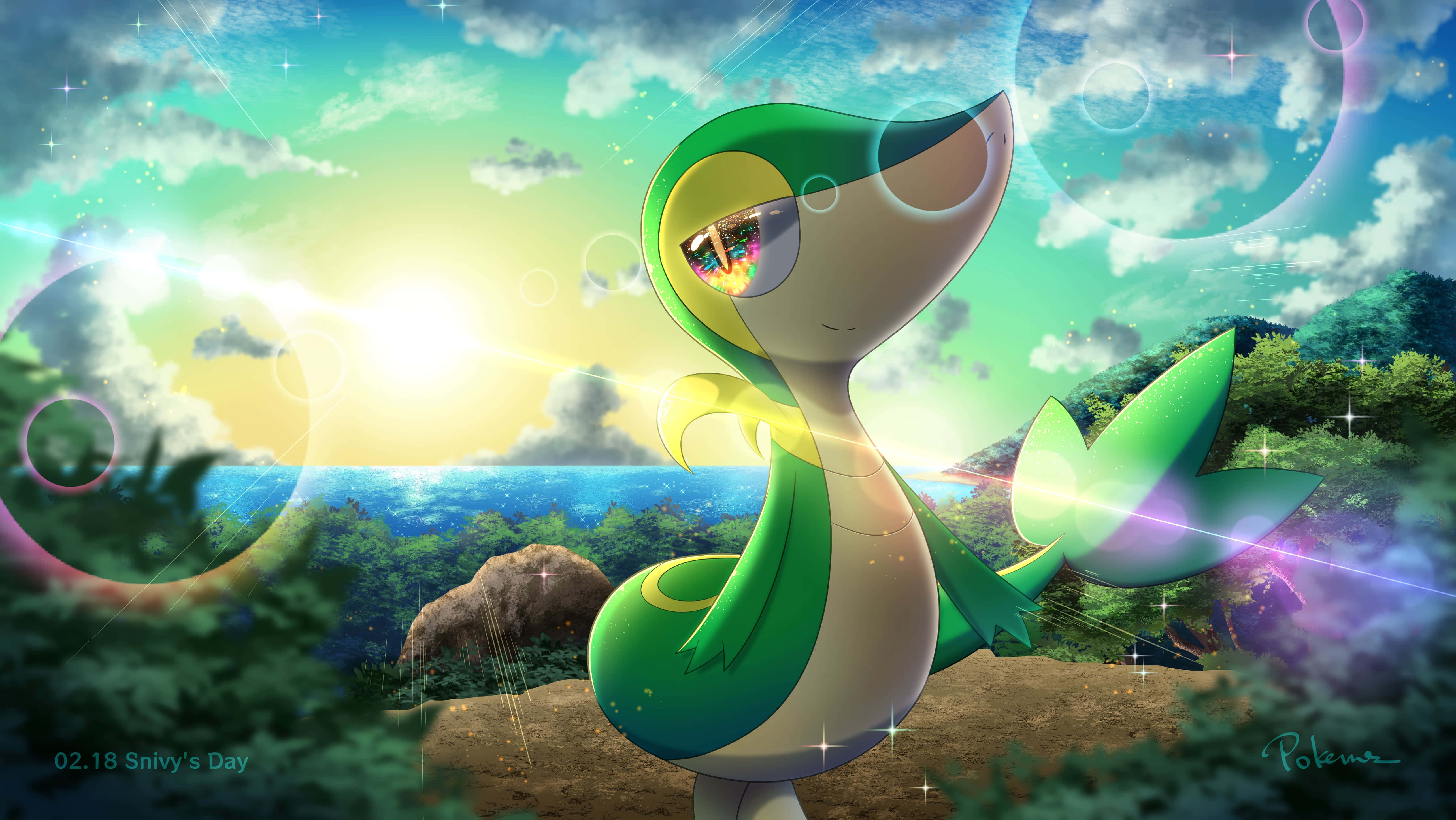 Snivy, cliffside, ocean, 5K Desktop Wallpaper