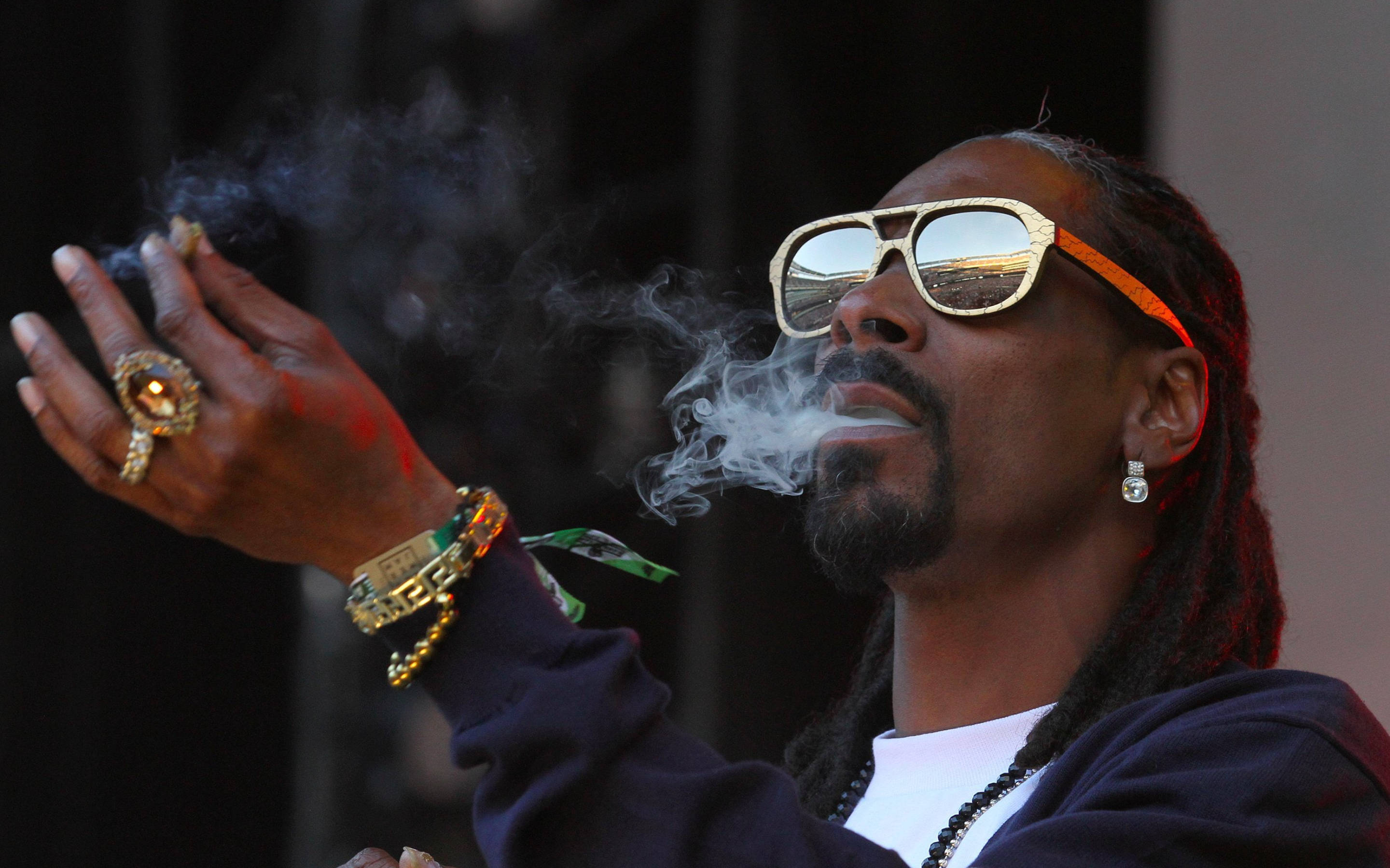 Snoop Dogg, gold-rimmed sunglasses, flashy jewelry, 2K Desktop Wallpaper