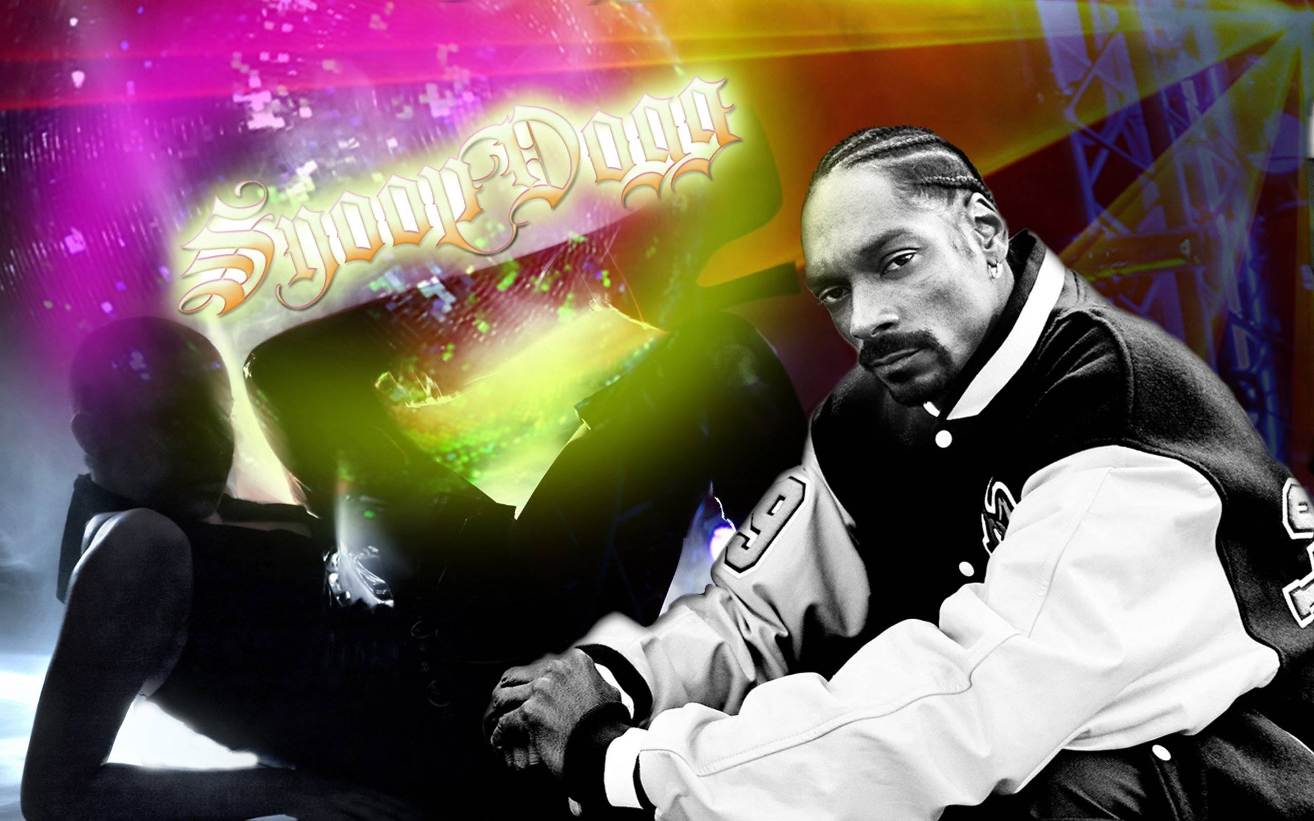 Snoop Dogg, black and white varsity jacket, vibrant neon-lit abstract background, 2K Desktop Wallpaper