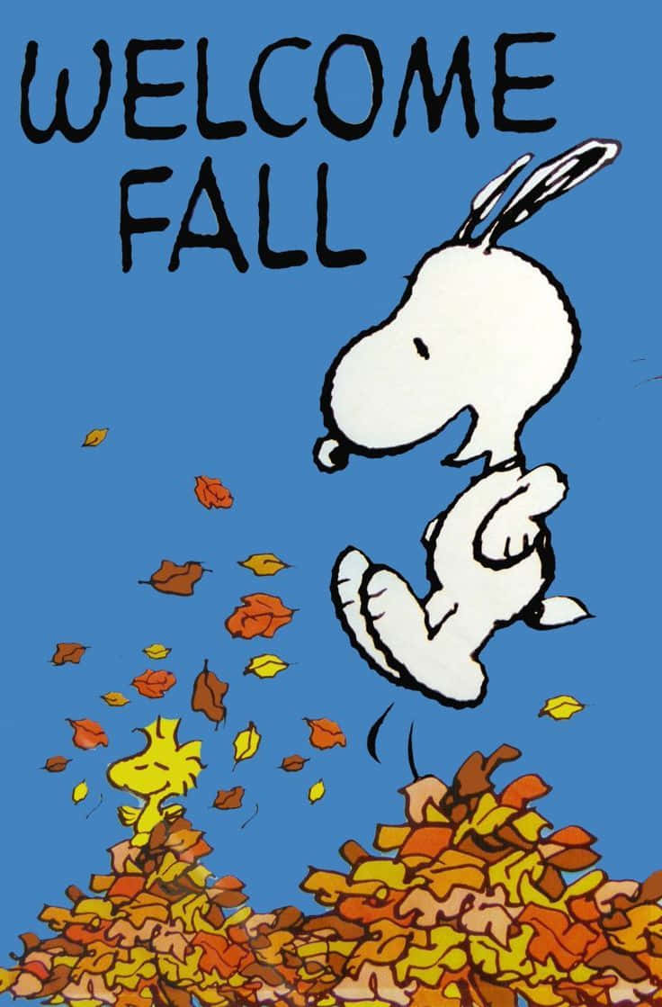 Snoopy, autumn leaves, bright blue sky, SD Phone Wallpaper