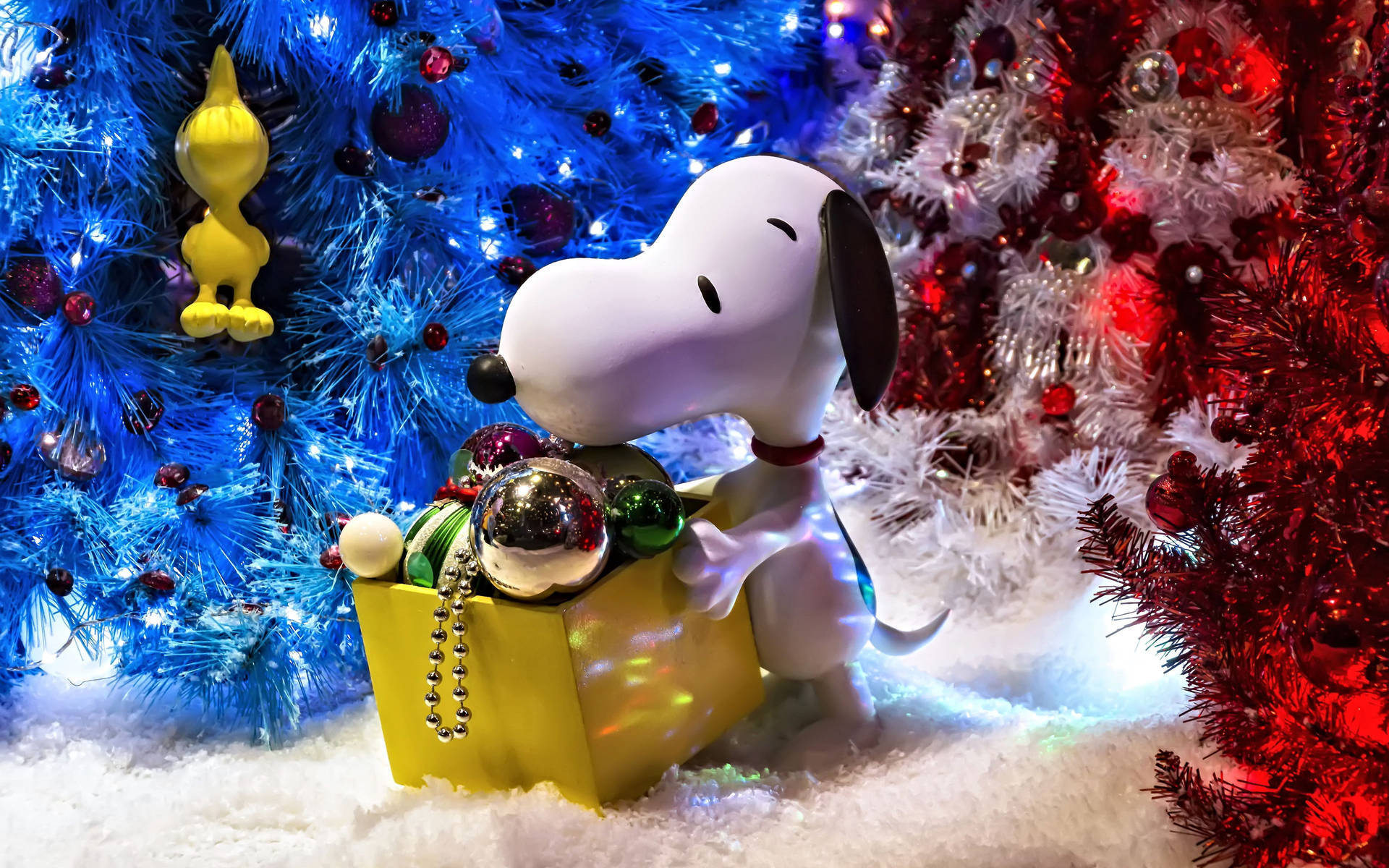 Snoopy, golden gift box, ornaments, Full HD Desktop Wallpaper