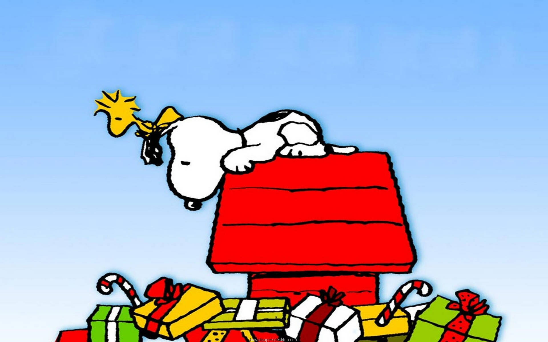 Snoopy, red doghouse, Christmas gifts, Full HD Desktop Wallpaper