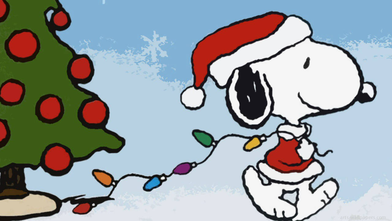 Snoopy, red Santa hat, colorful lights, HD Desktop Wallpaper