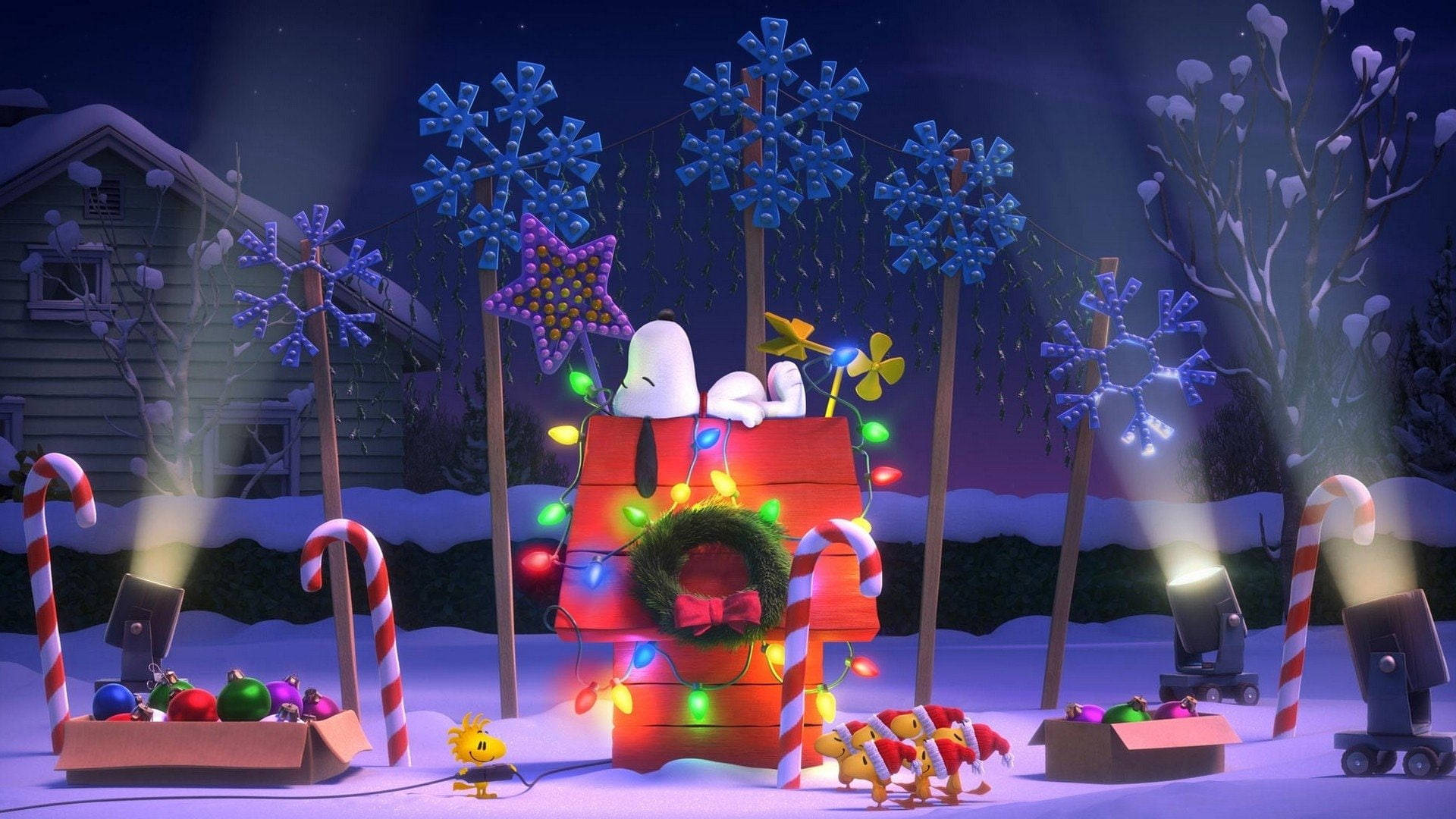 Snoopy, red doghouse, lights, Full HD Desktop Wallpaper