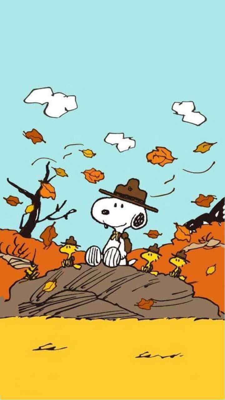 Snoopy, brown hat, autumn leaves, HD Phone Wallpaper