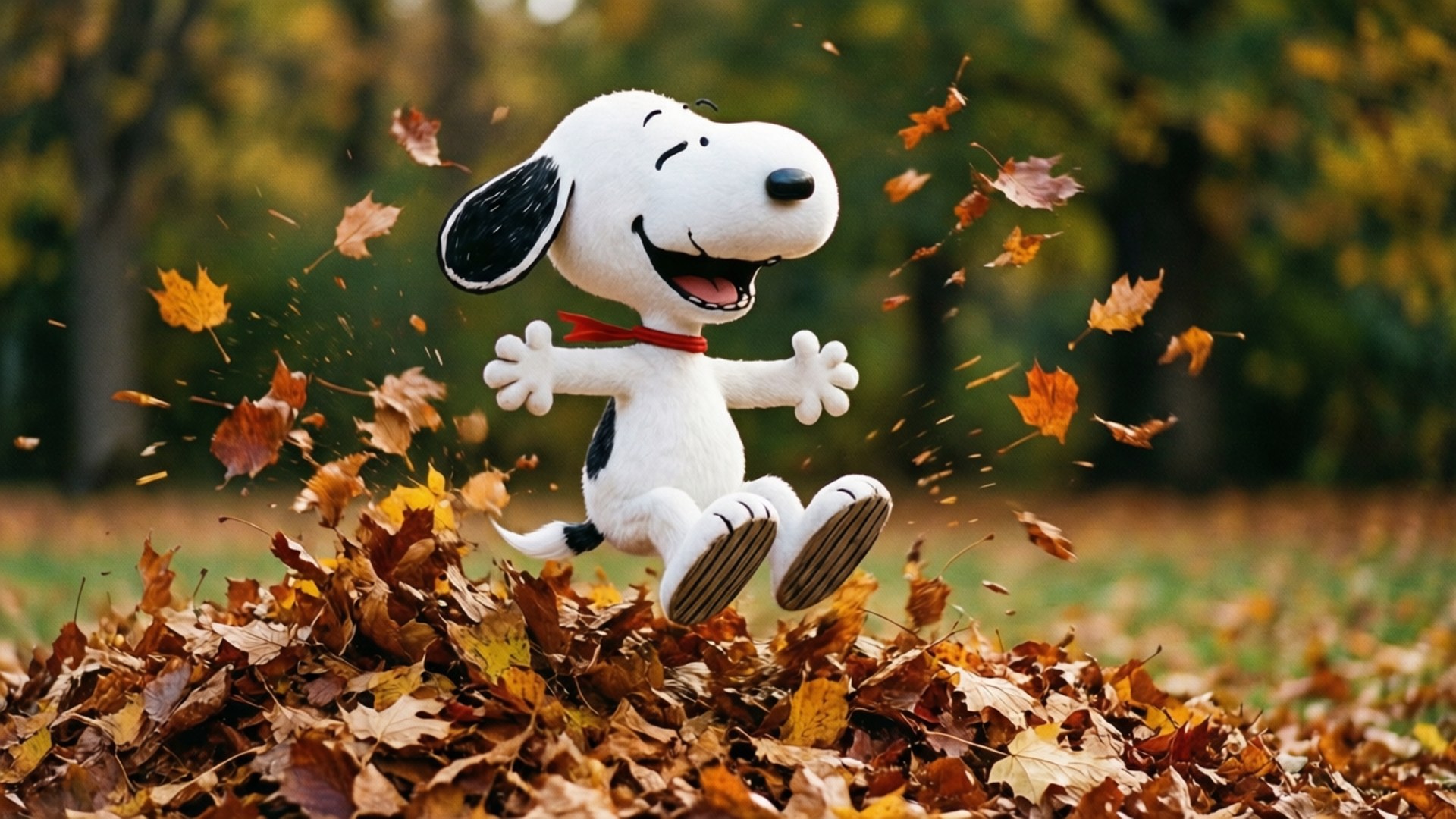 Snoopy, golden autumn leaves, leap, Full HD Desktop Wallpaper