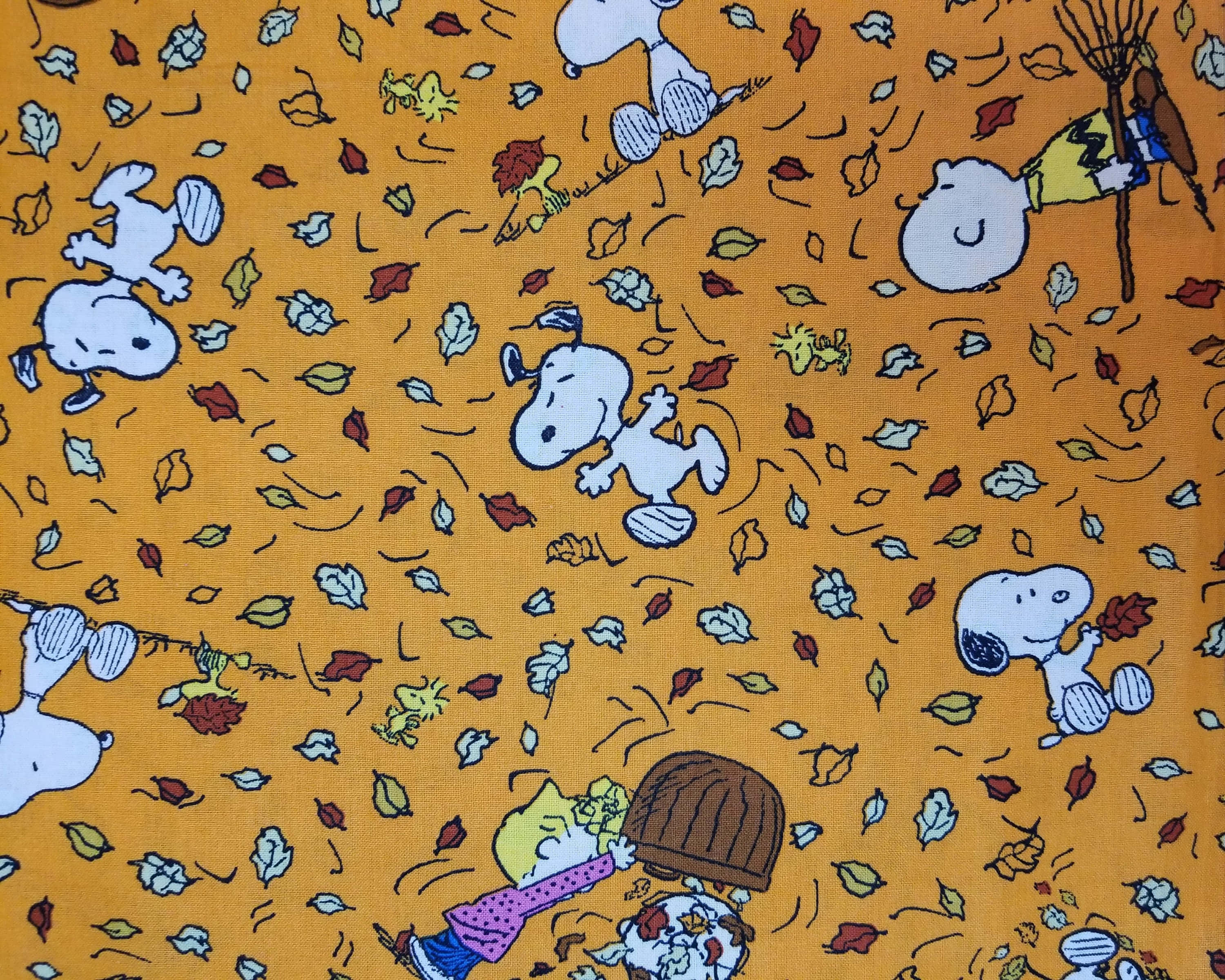 Snoopy, autumn leaves, warm orange fabric background, 2K Desktop Wallpaper