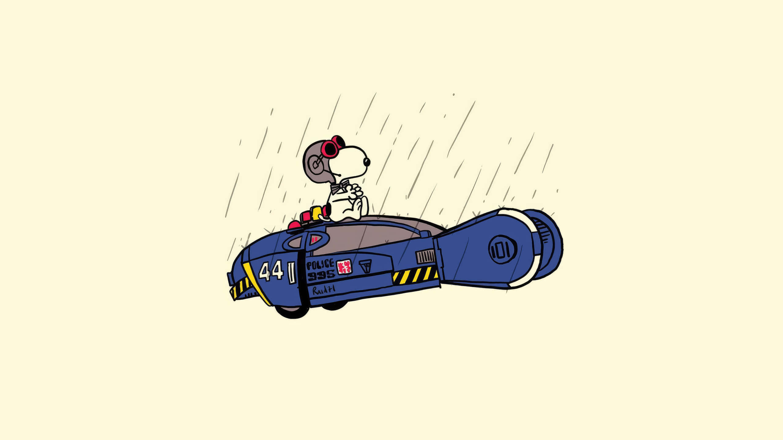 Snoopy, blue futuristic police car, red goggles, 2K Desktop Wallpaper