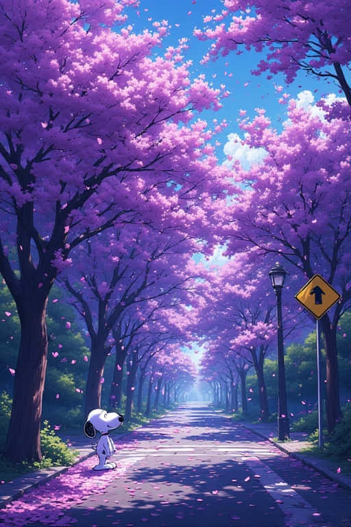 Snoopy, jacaranda, vibrant purple cherry blossoms, SD Phone Wallpaper