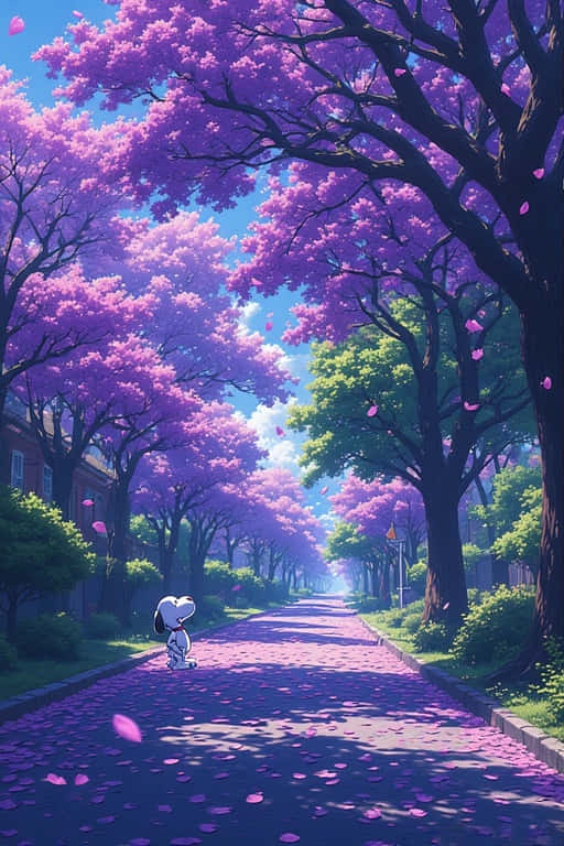 Snoopy, jacaranda trees, purple trees, SD Phone Wallpaper