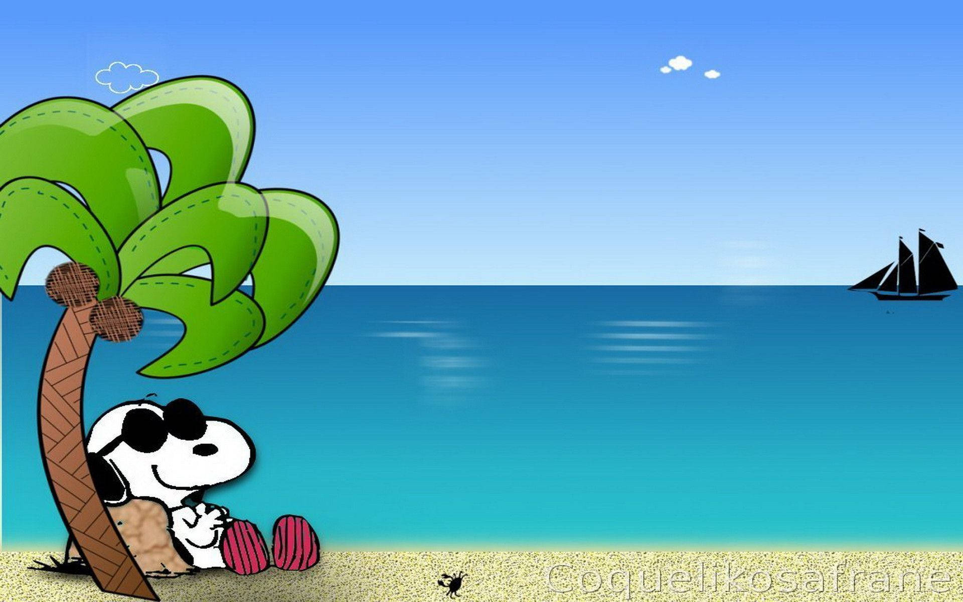 Snoopy, beach, palm tree, Full HD Desktop Wallpaper