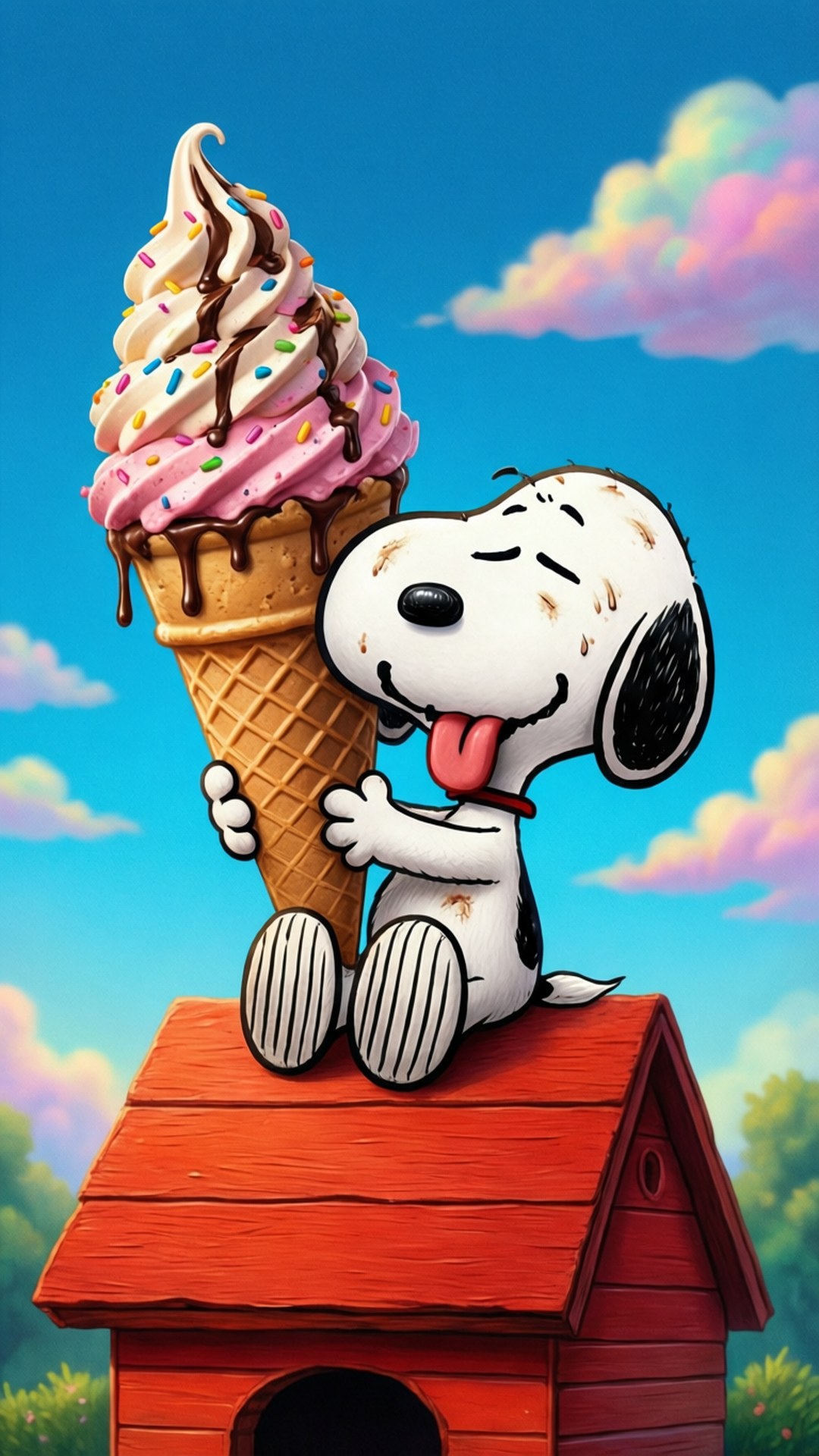 Snoopy, red doghouse, giant pink ice cream cone, Full HD Phone Wallpaper