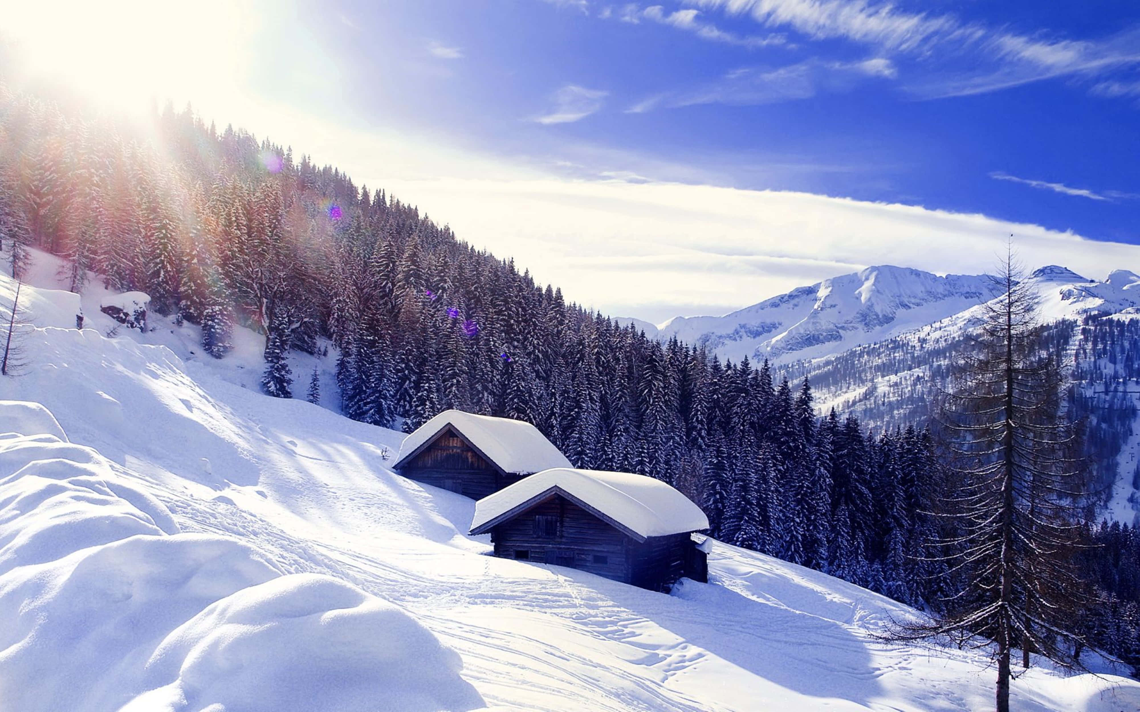 snow-covered peaks, mountains, snowy mountain cabins, 4K Desktop Wallpaper