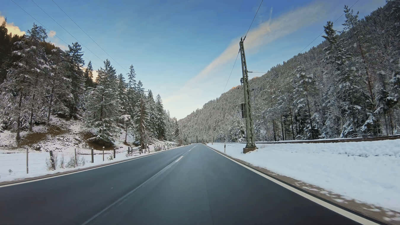 snowy landscape, winding road, snow-covered pine forests, HD Desktop Wallpaper
