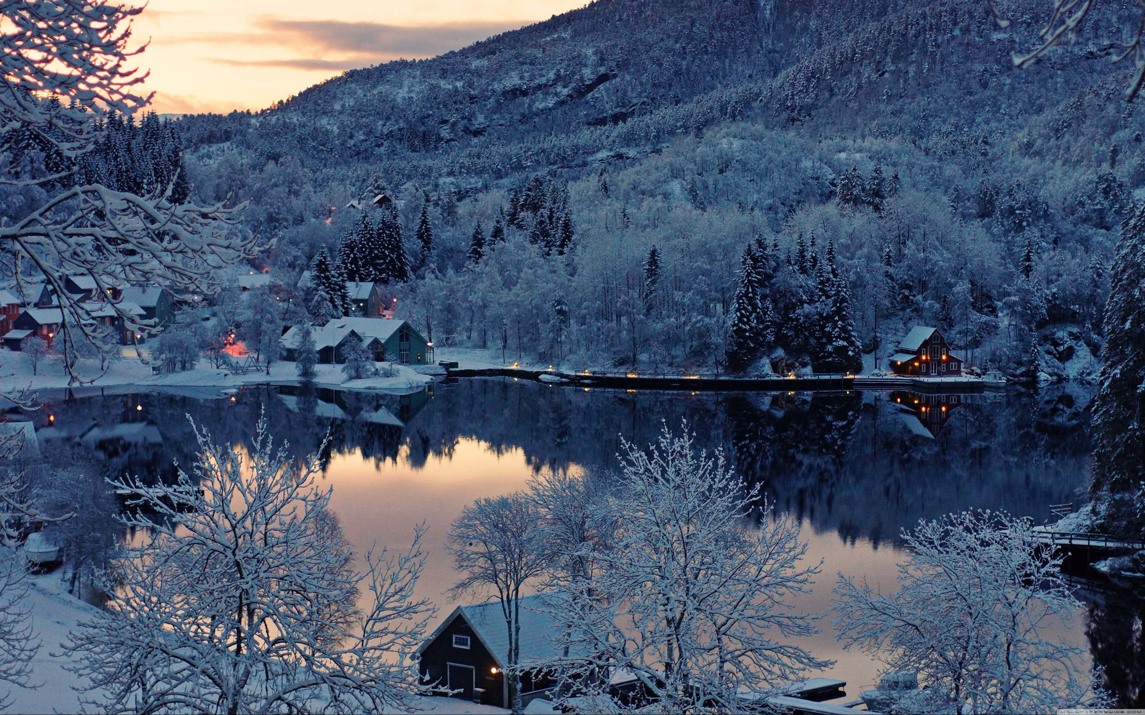 snow-capped mountains, tranquil lakeside village, dusk, 4K Desktop Wallpaper
