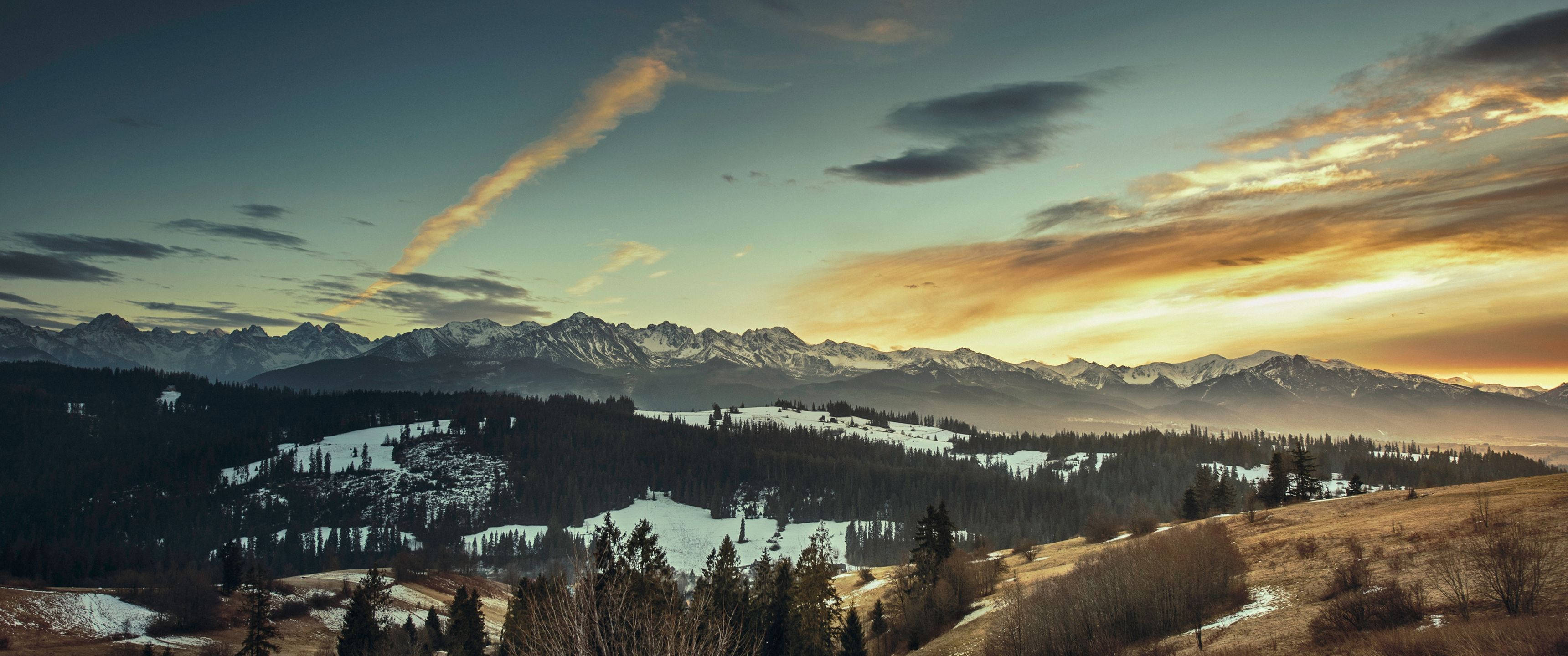 Ultra Wide 4K, nature snow, snow capped mountains, 2K Desktop Wallpaper