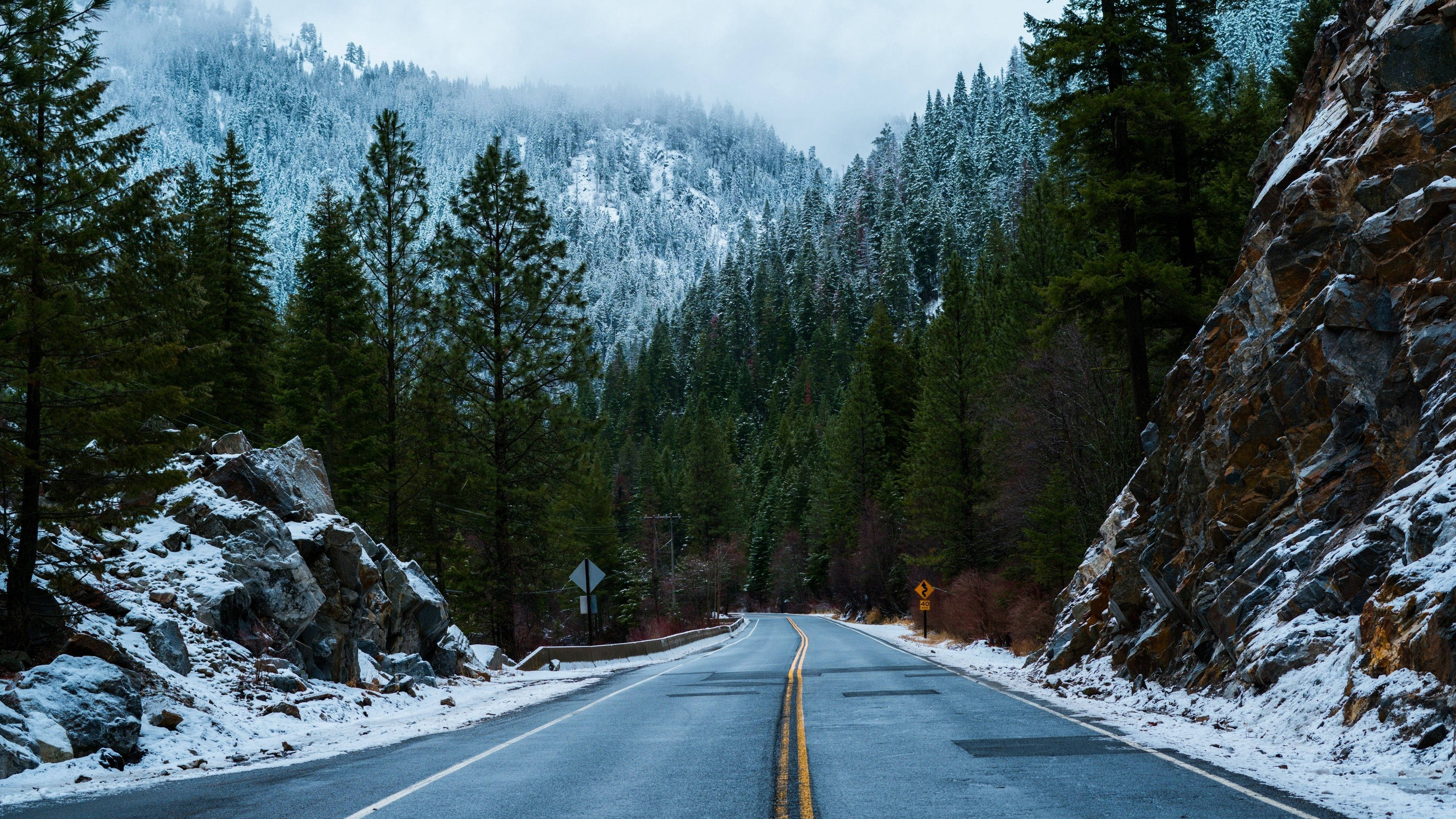 4K, 16:9, winter road, 4K Desktop Wallpaper