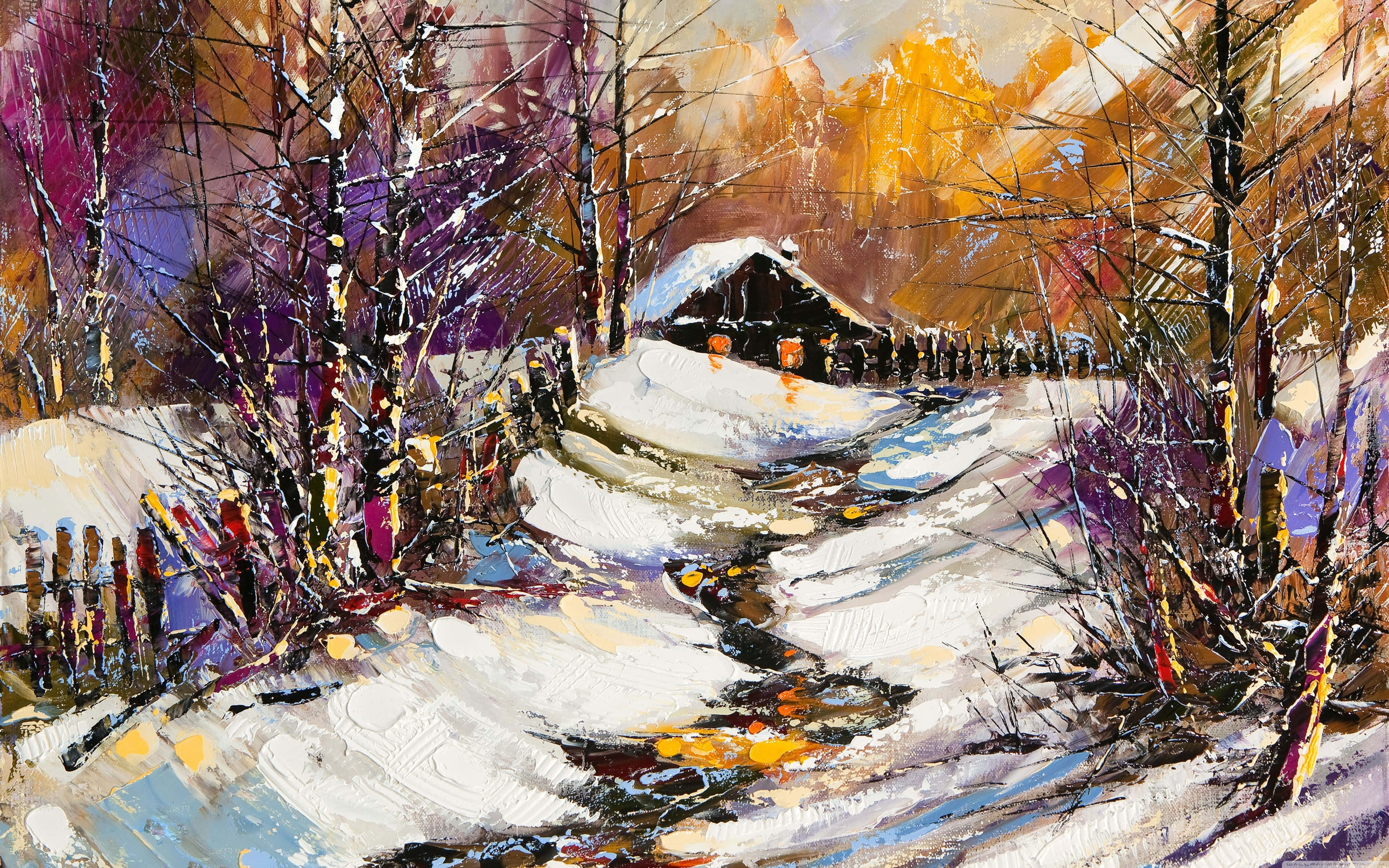 snow house 4k painting, oil painting, snow-covered cabin, 4K Desktop Wallpaper