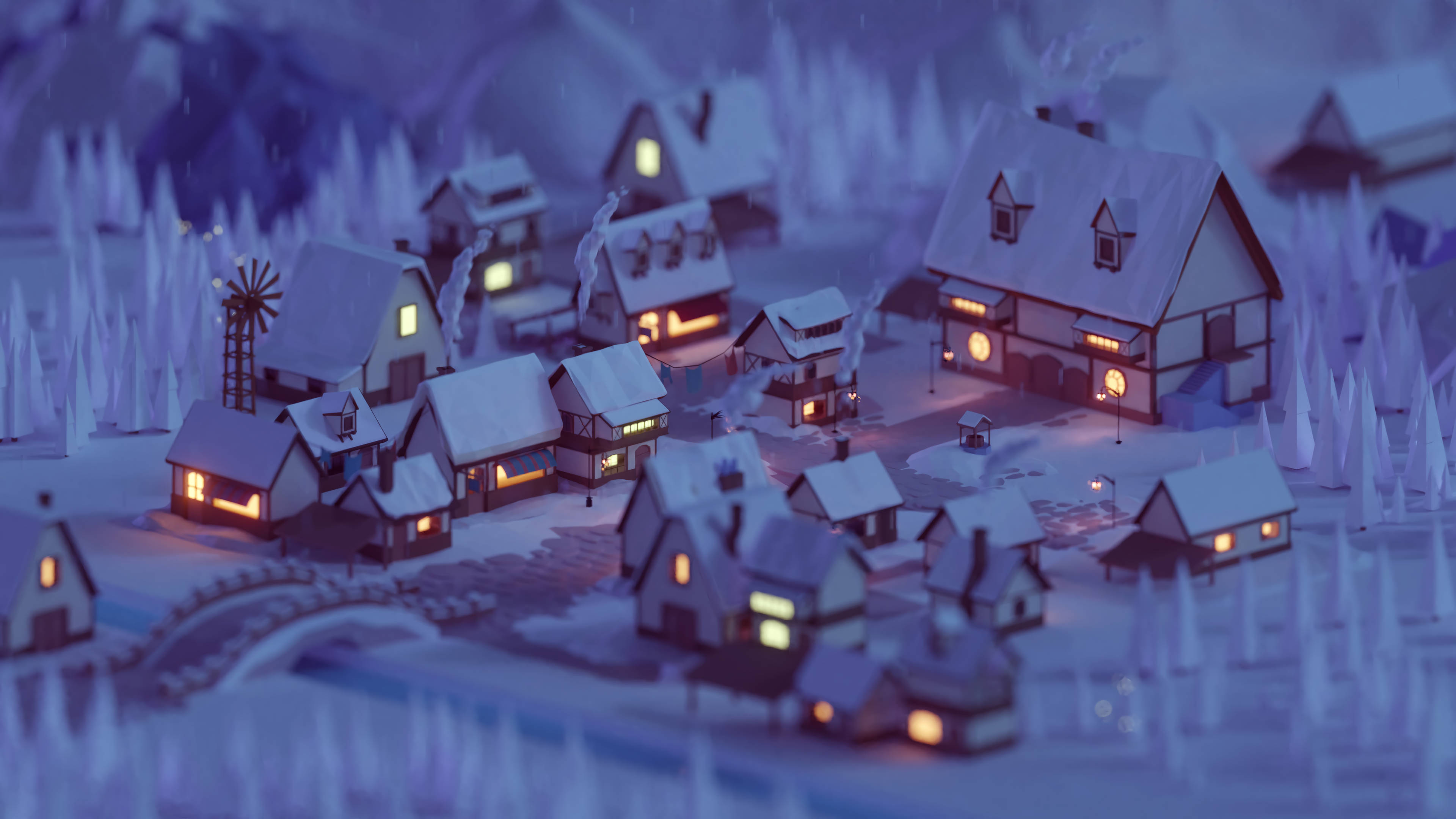 Snowy Village, 4D Ultra HD, snow-covered village, 4K Desktop Wallpaper