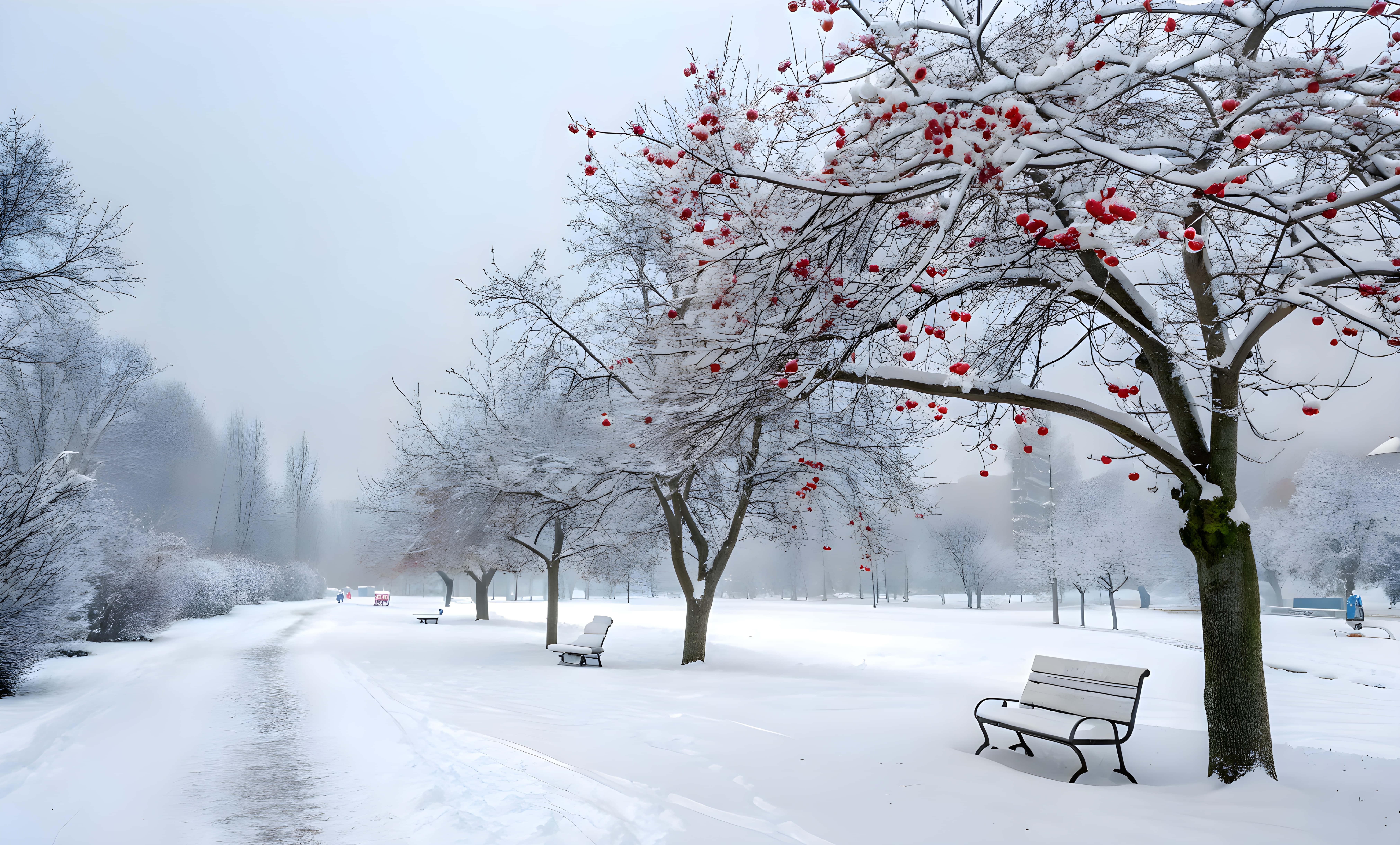 winter city park, snowfall, red wild apple trees, 8K Desktop Wallpaper