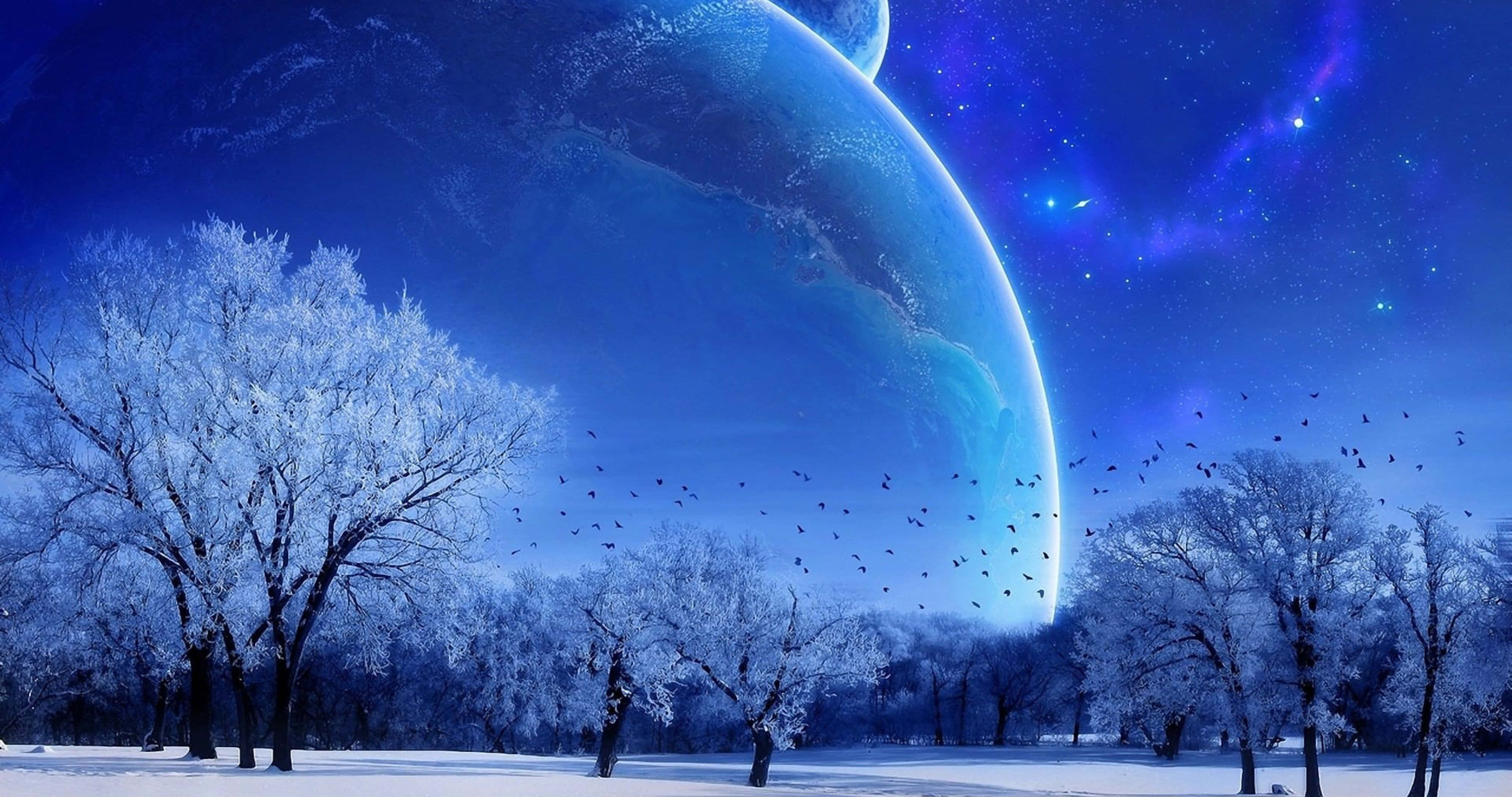 snow-covered trees, glowing blue planet, starry cosmic sky, 4K Desktop Wallpaper