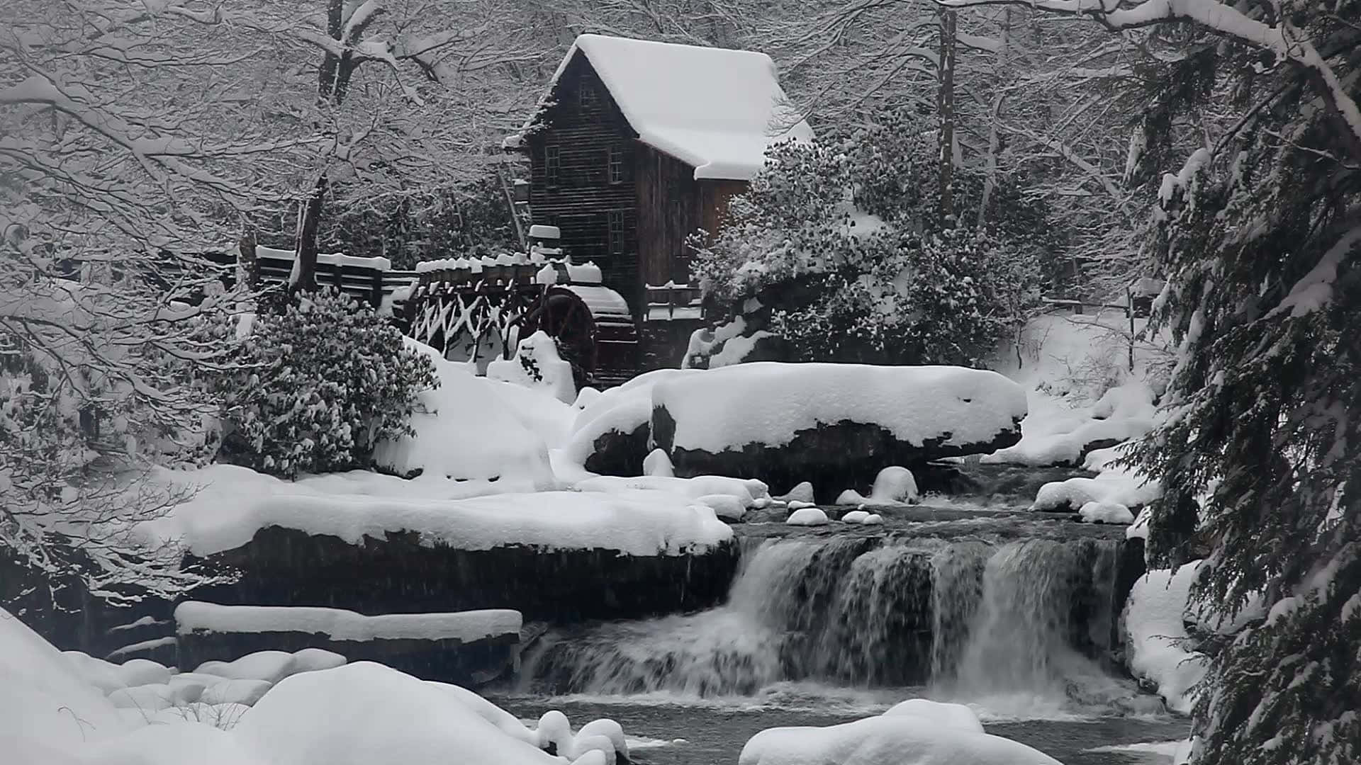 winter wonderland desktop, snow-covered wooden watermill, cascading stream, Full HD Desktop Wallpaper