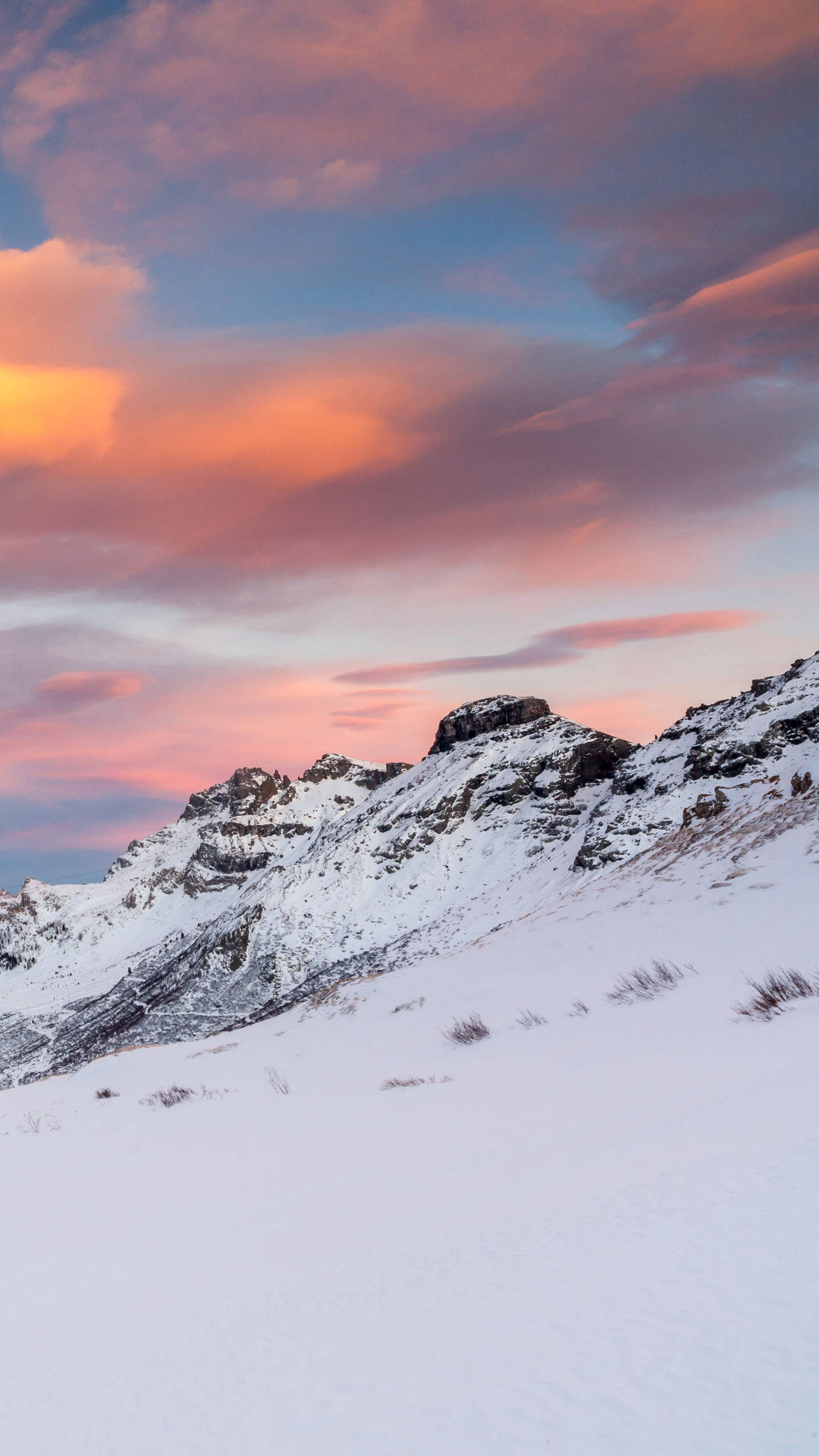 Winter Phone, snowy mountain, pink sunset, 2K Phone Wallpaper