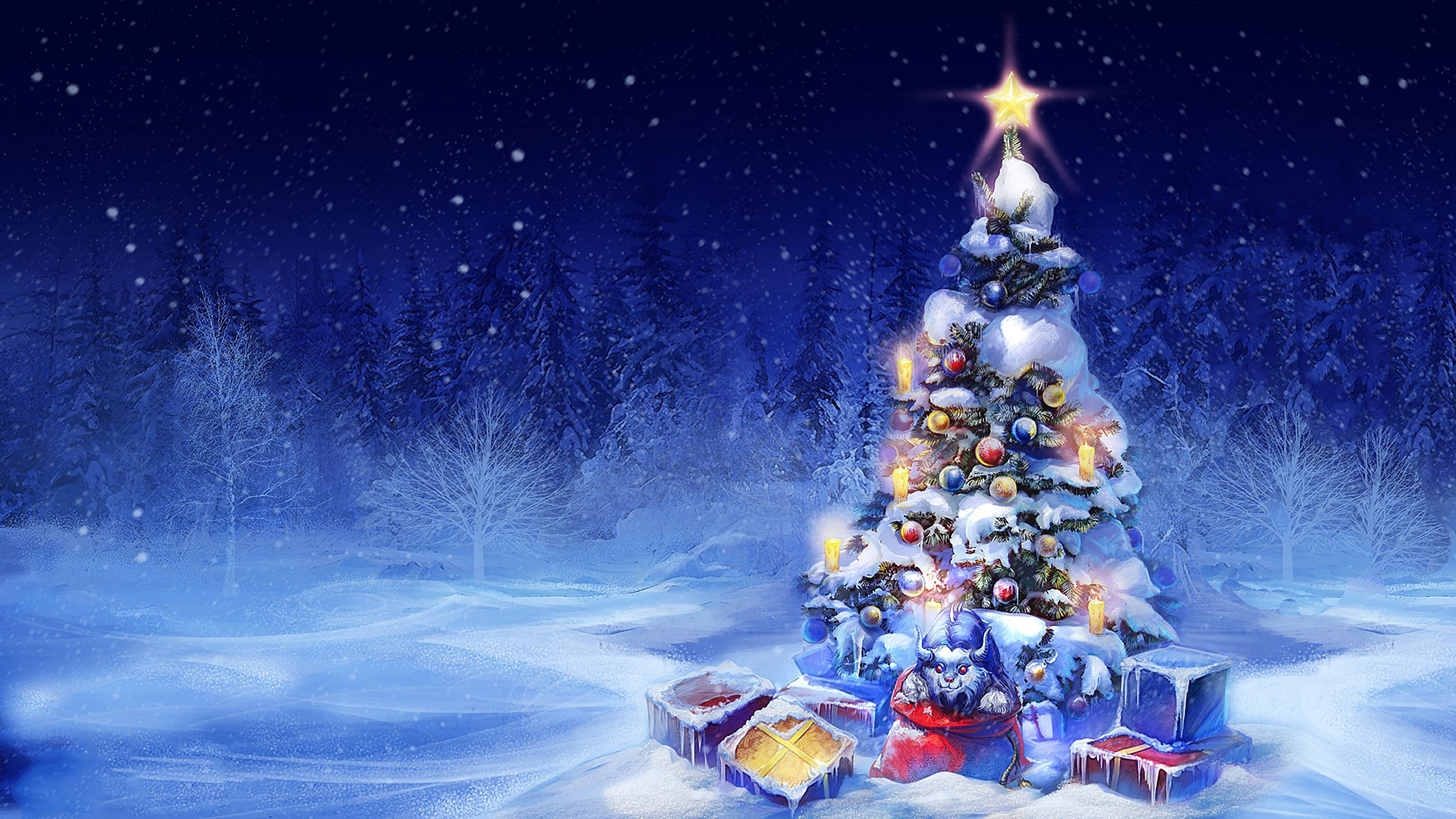 4K Ultra HD, Christmas tree, snow-covered, 4K Desktop Wallpaper