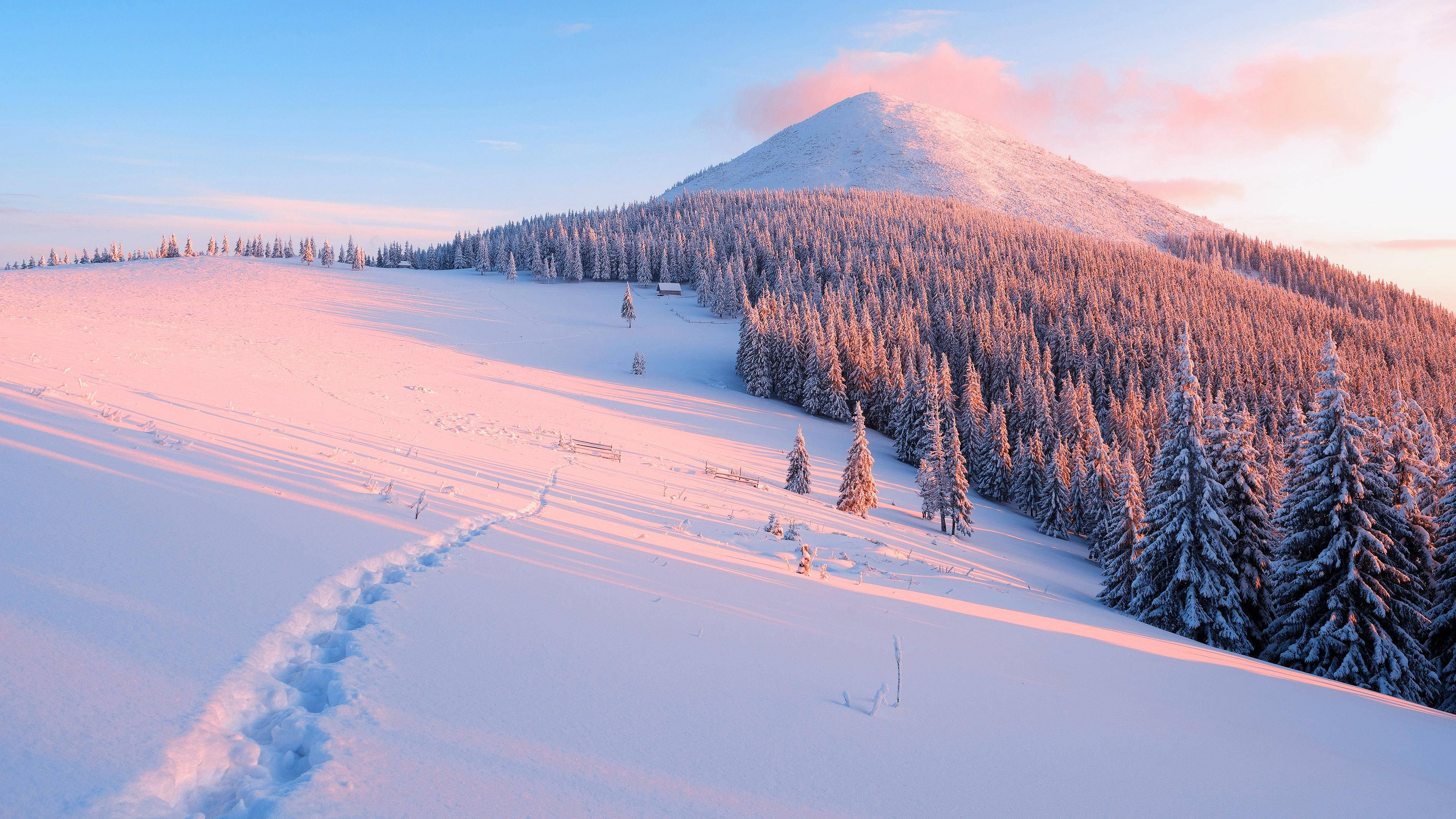 snow aesthetic, volcano, pink sunset, 4K Desktop Wallpaper