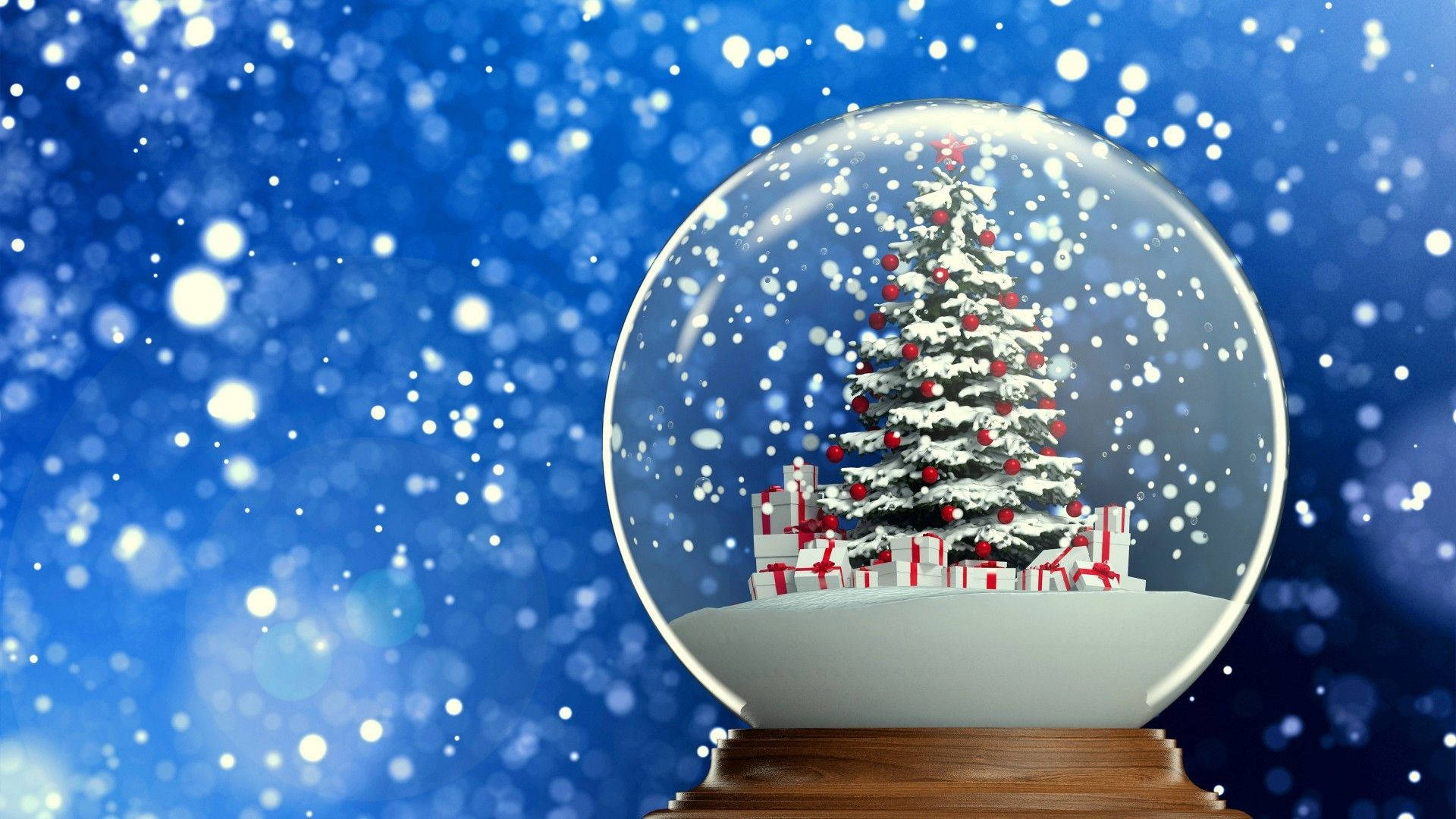 snow globe, snow-covered Christmas tree, presents, Full HD Desktop Wallpaper