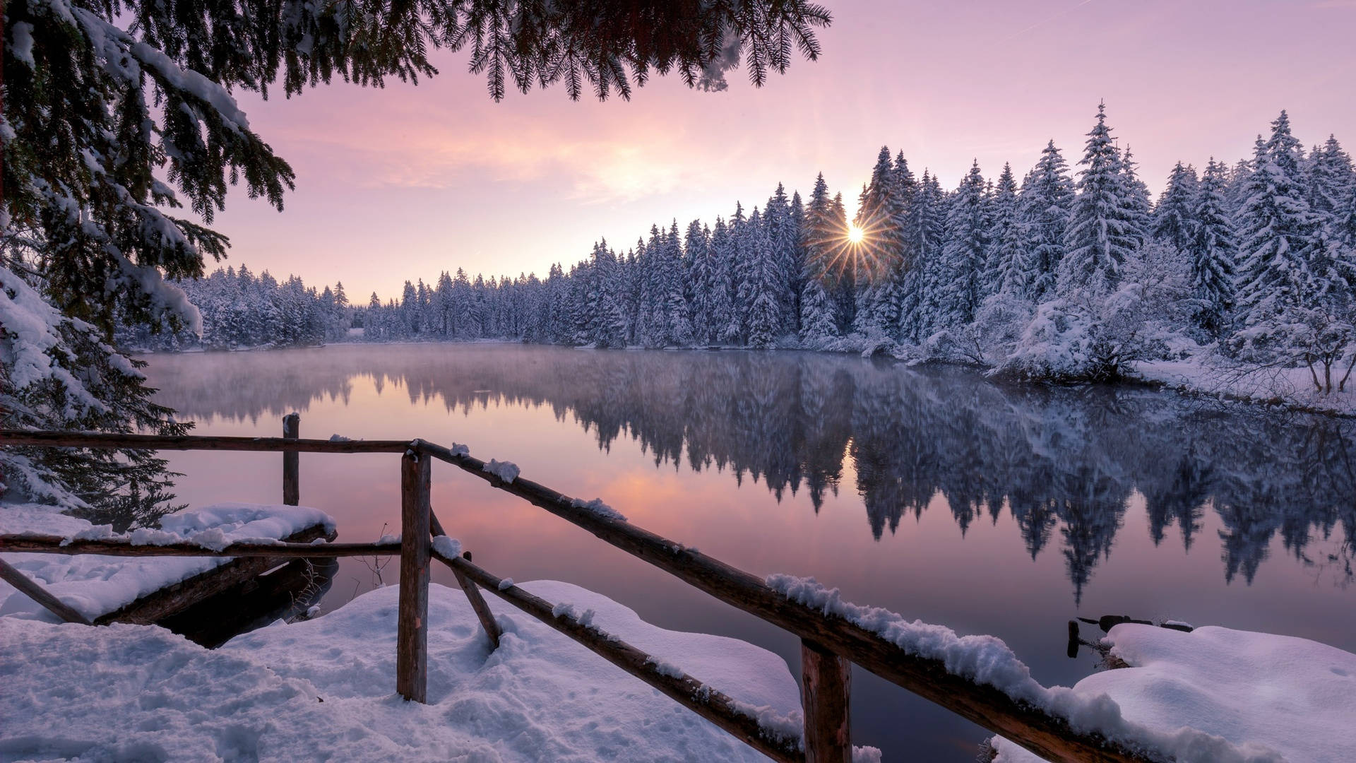 snow aesthetic, lake, pink and purple sunrise, Full HD Desktop Wallpaper