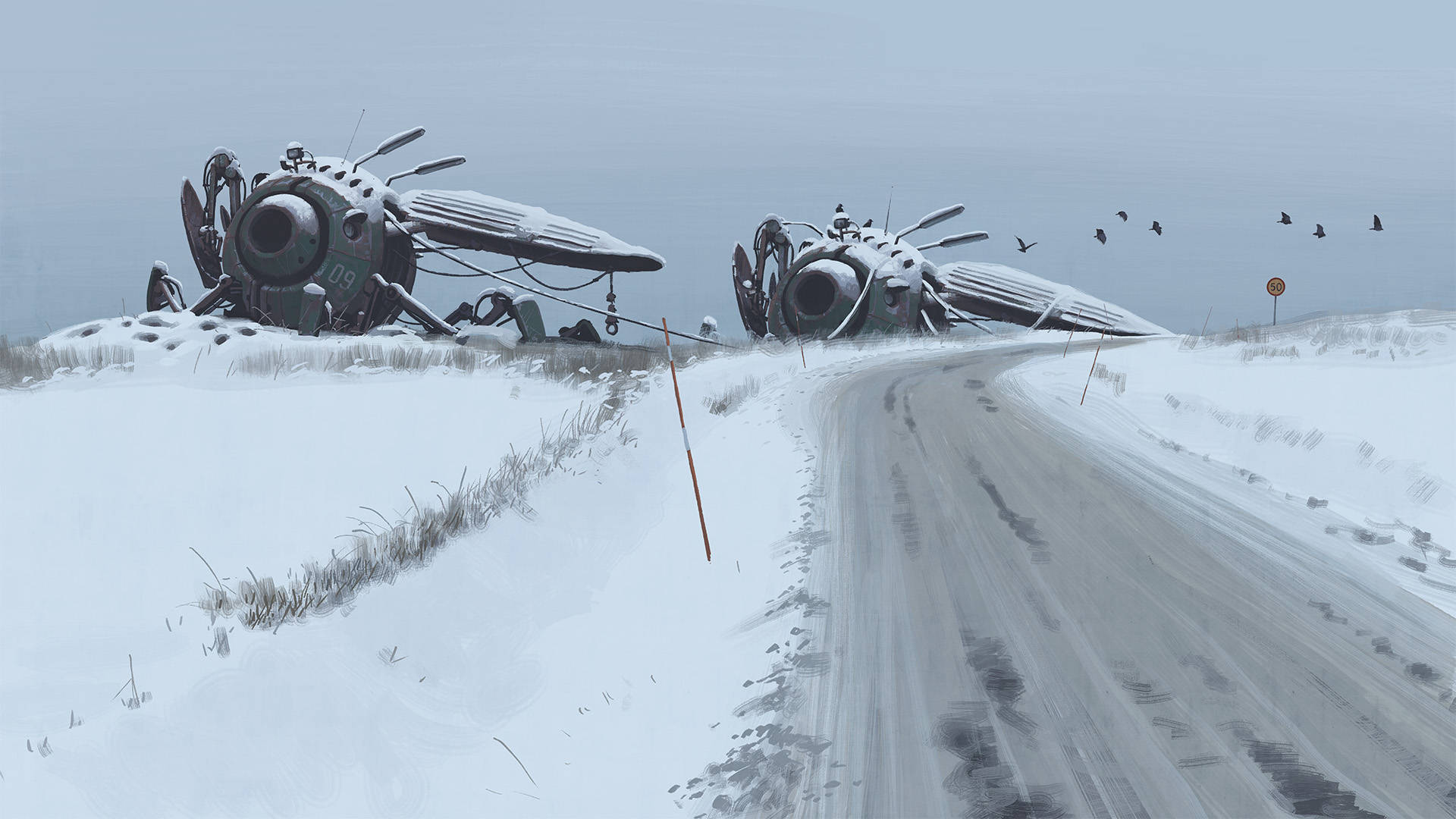 pod armor, futuristic aircraft, snowy road, Full HD Desktop Wallpaper