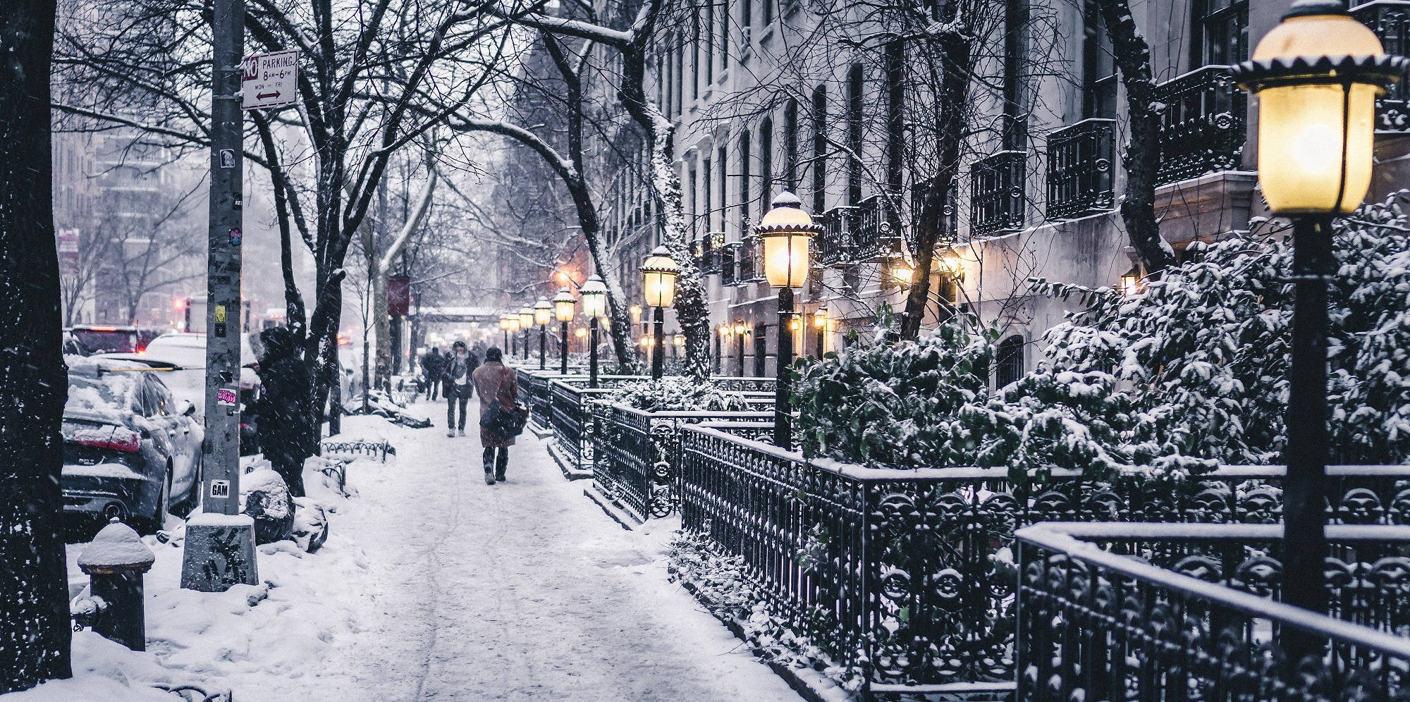 Snow Aesthetic, urban sidewalk, glowing street lamps, Full HD Desktop Wallpaper