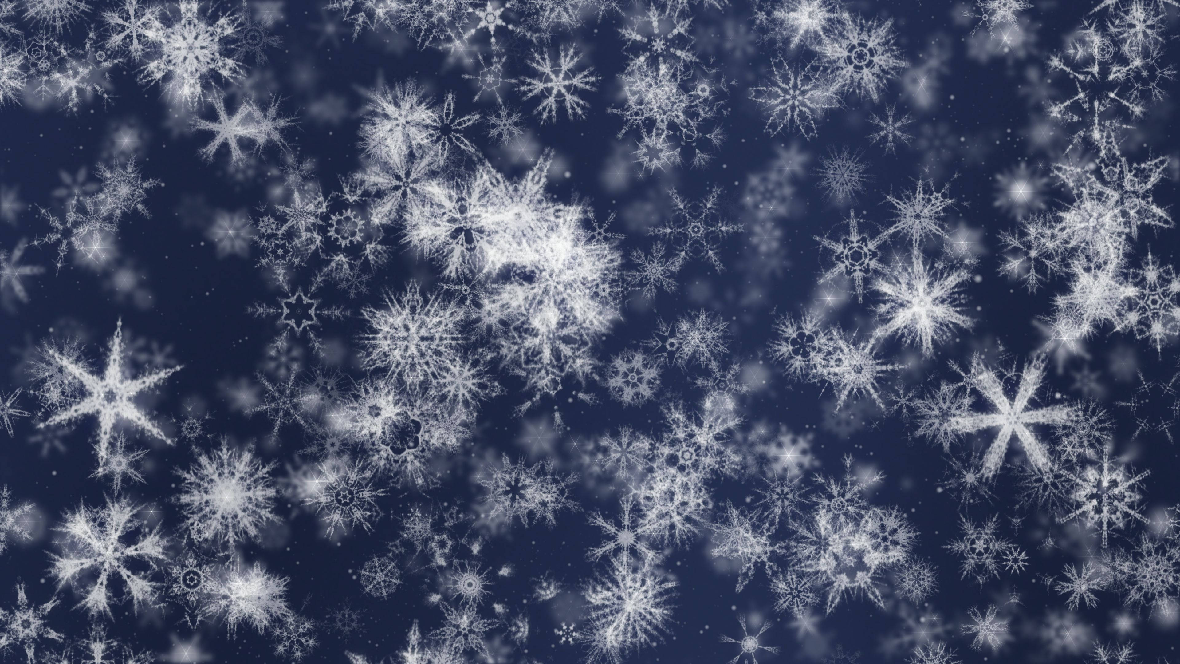 white snowflakes, deep navy blue background, dreamy winter scene, 4K Desktop Wallpaper