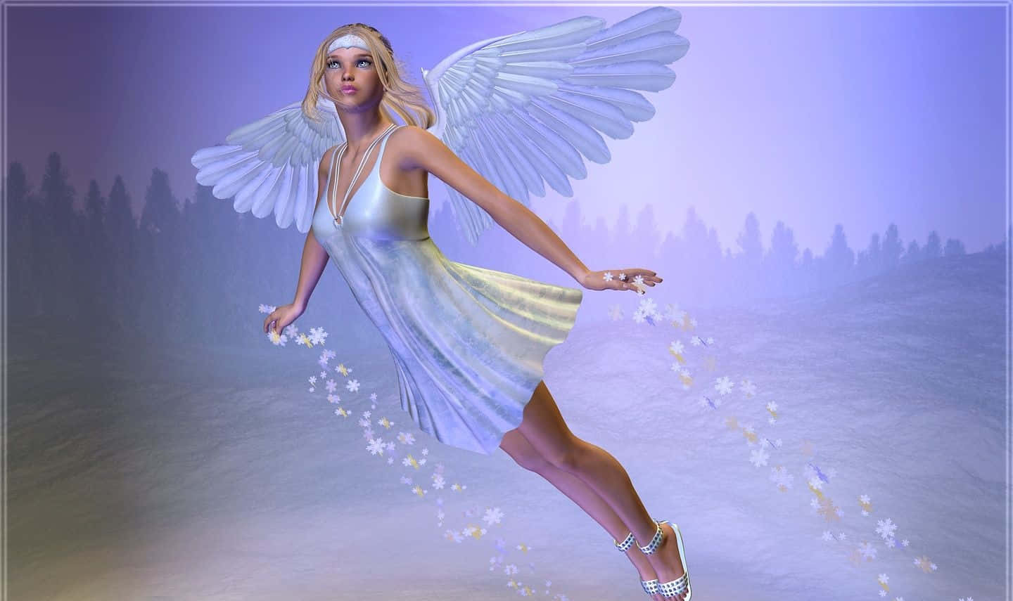 Snow Angel, white wings, misty forest, HD Desktop Wallpaper