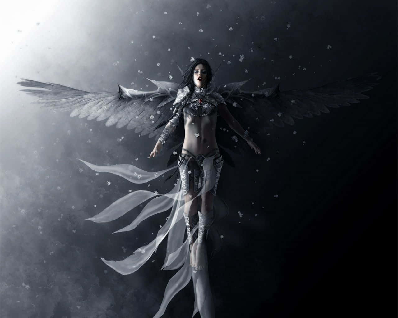 snow angel, dark-winged angelic figure, flowing white fabric, HD Desktop Wallpaper