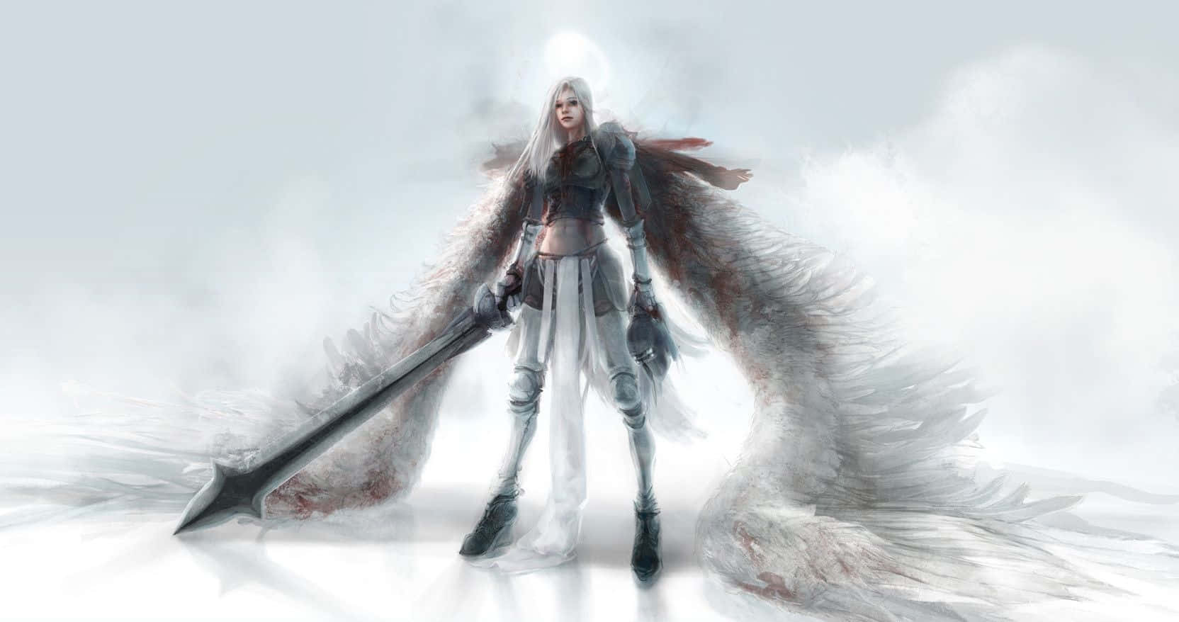 Snow Angel, long white hair, massive feathered wings, HD Desktop Wallpaper