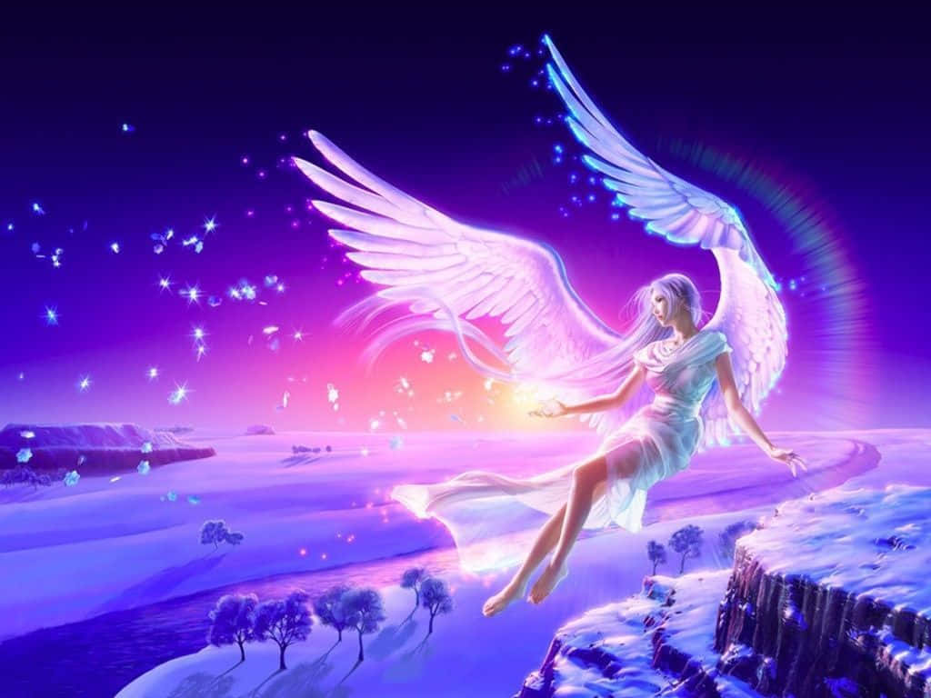 Snow Angel, glowing wings, snowy cliffside, SD Desktop Wallpaper
