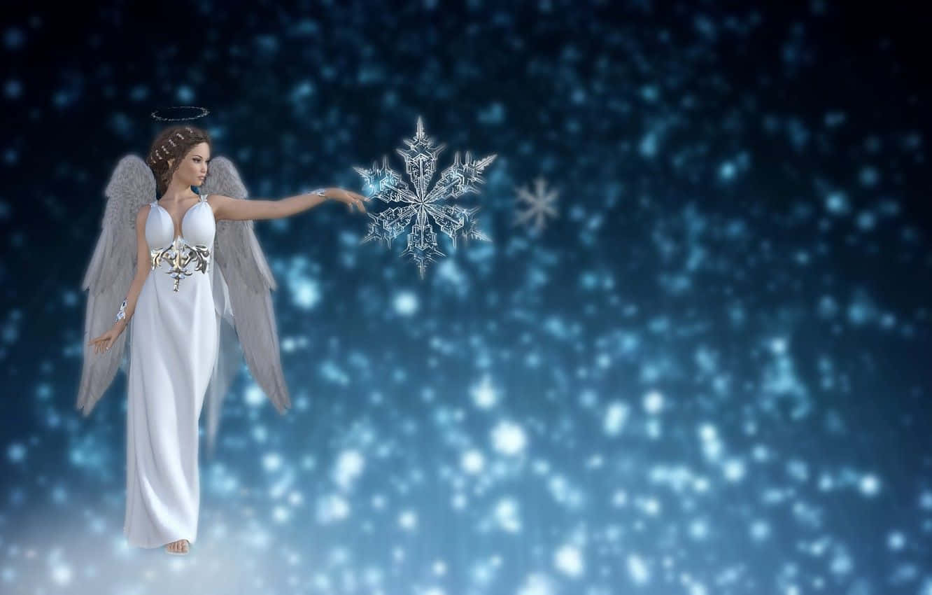 Snow Angel, white robes, glowing snowflake, HD Desktop Wallpaper