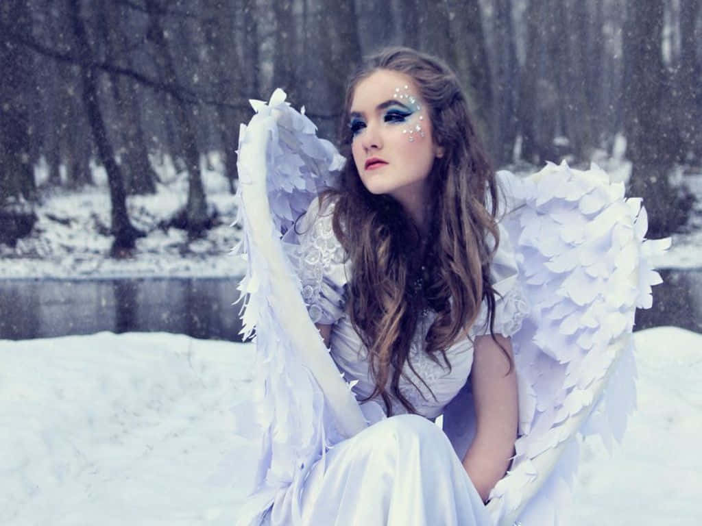 Snow Angel, white feathered wings, snowy forest, SD Desktop Wallpaper