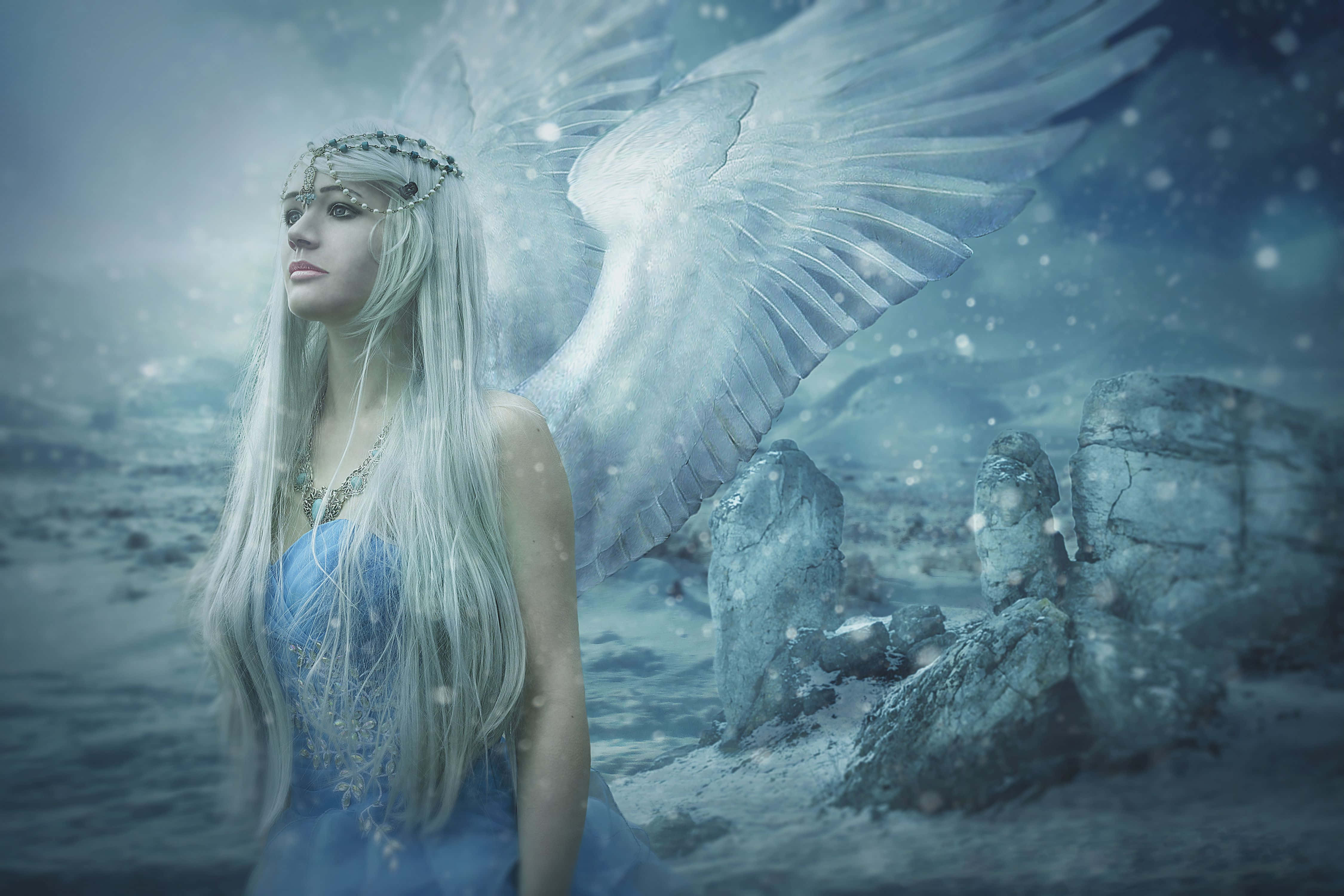 Snow Angel 4500 x 3000, icy wings, snow-covered landscape, 4K Desktop Wallpaper